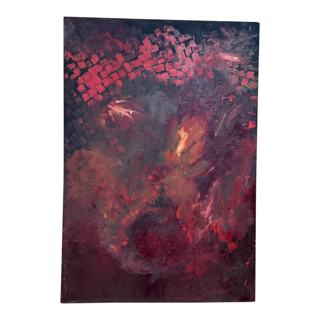 1960s Art Modernist Original Abstract Oil Painting Red: AMBIANIC presents 1960s abstract modern painting original oil on canvas art. In the style of Francis Bacon. Dominant colors red and black. Unframed. Unsigned. 43.5 l x 29.75 x 1.75 Original