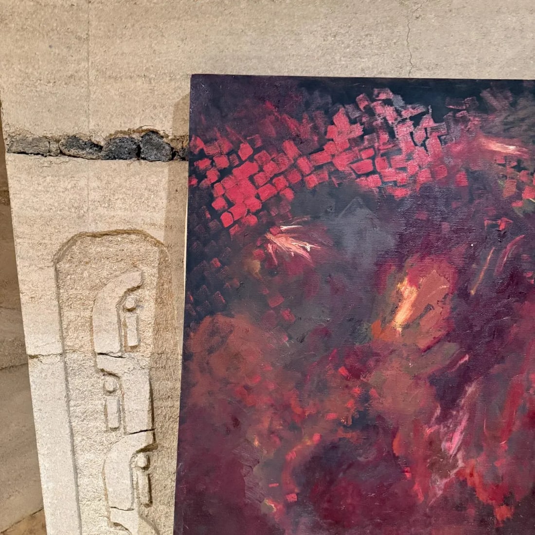 1960s Art Modernist Original Abstract Oil Painting Red - 2