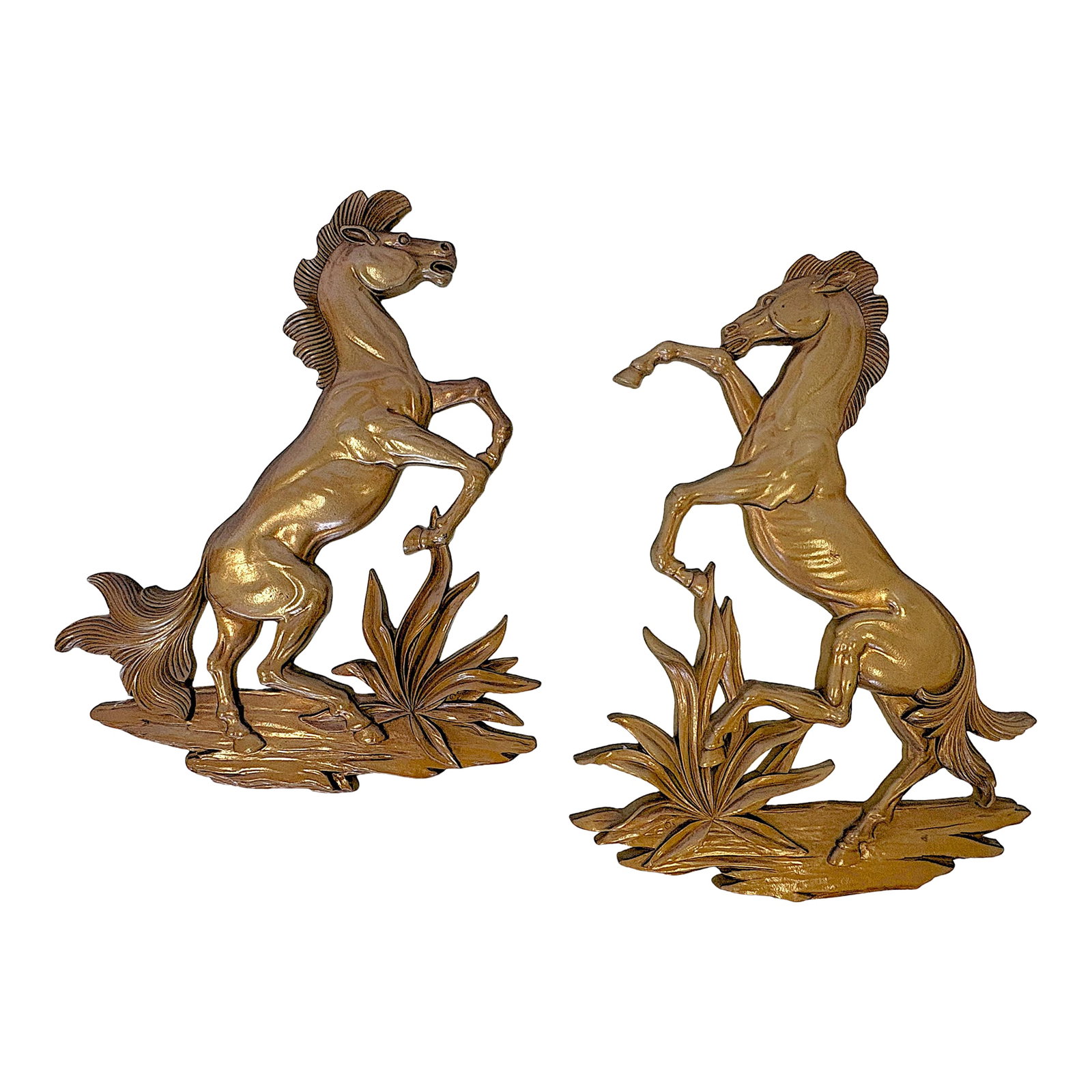 Vintage MCM Syroco Wood Rodeo Horses- A Pair: Great pair of Syroco decorative wall hanging 'Rodeo Horses' from the mid 20th century. Each is made of wood with a shiny gold-bronze paint finish. Each is marked on the front 'Â© S'. They