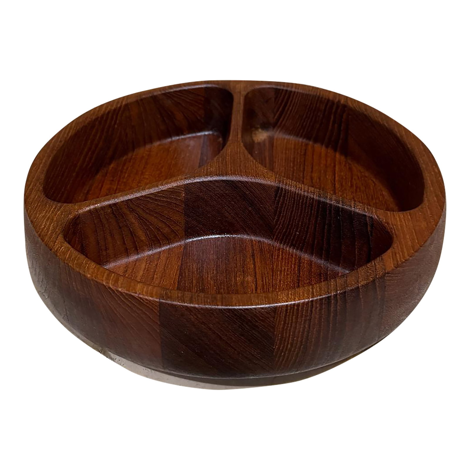 1960s Dansk Teak Sectioned Serving Dish Jens Quistgaard: AMBIANIC presents Dansk Serving Dish three sections Jens Quistgaard Staved Teak Malaysia stamped Dansk 8.75 d x 2 h Preowned vintage condition Refer to listed images Condition: Alterations: Original