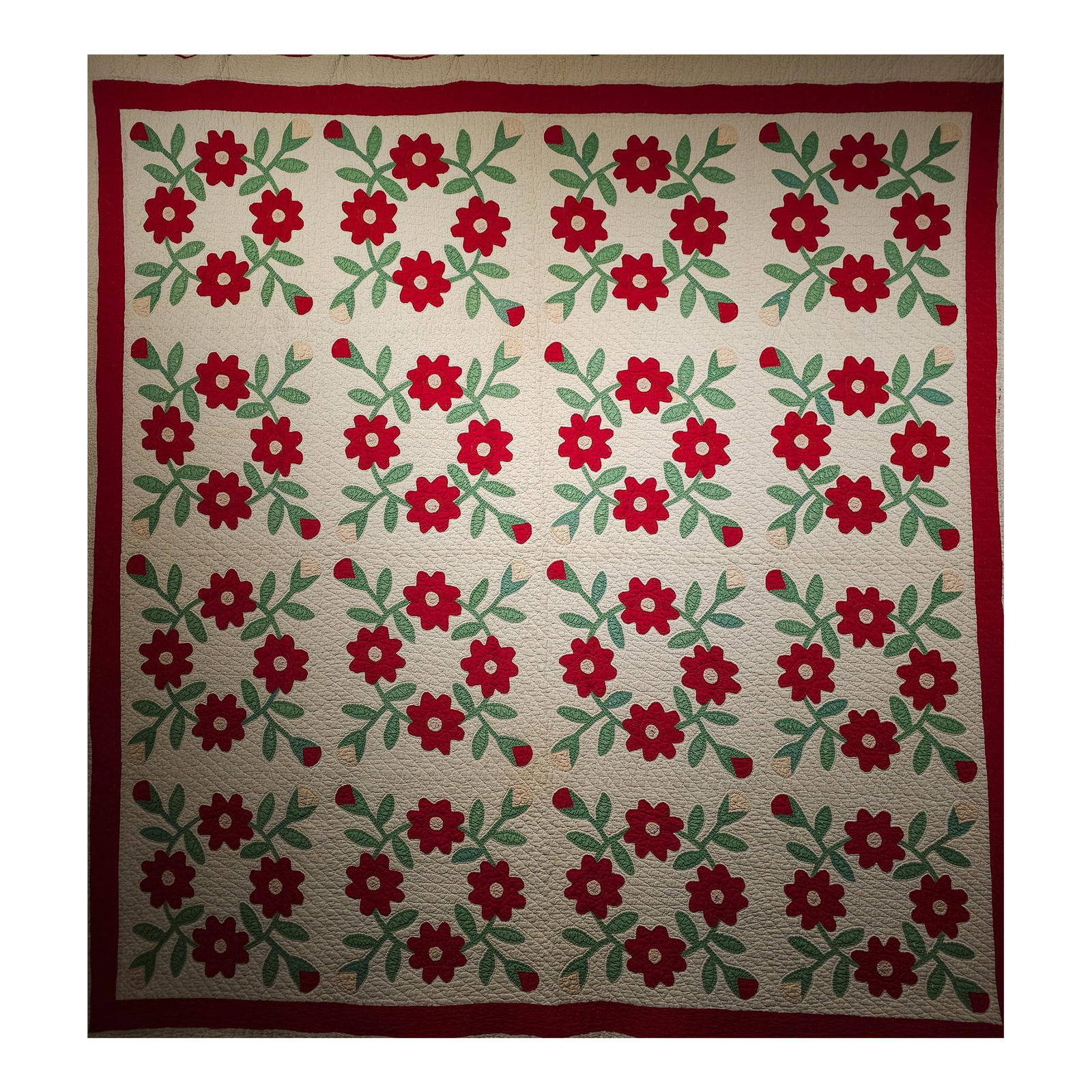 19th Century American Applique Quilt: 71" x 72" This beautiful American Applique Quilt was hand stitched in the late 1800s in Pennsylvania in the United States. The American Applique Quilt is in "Floral" pattern with red and pink flowers