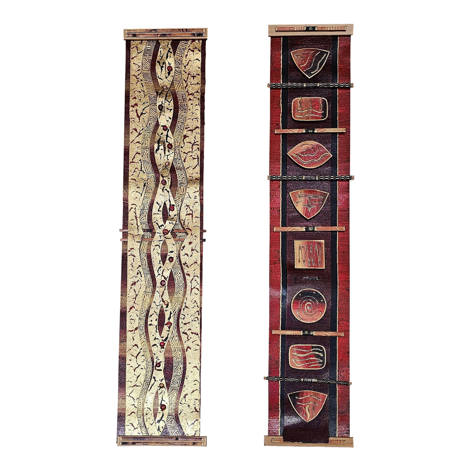 Contemporary Mixed Media Wall Art Pair, 3d Fiber Glass Wood, Usa: Elevate your space with this bold and expressive pair of contemporary mixed media wall art pieces, featuring a vibrant palette of red, gold, and black. Rich in texture and visual intrigue, these