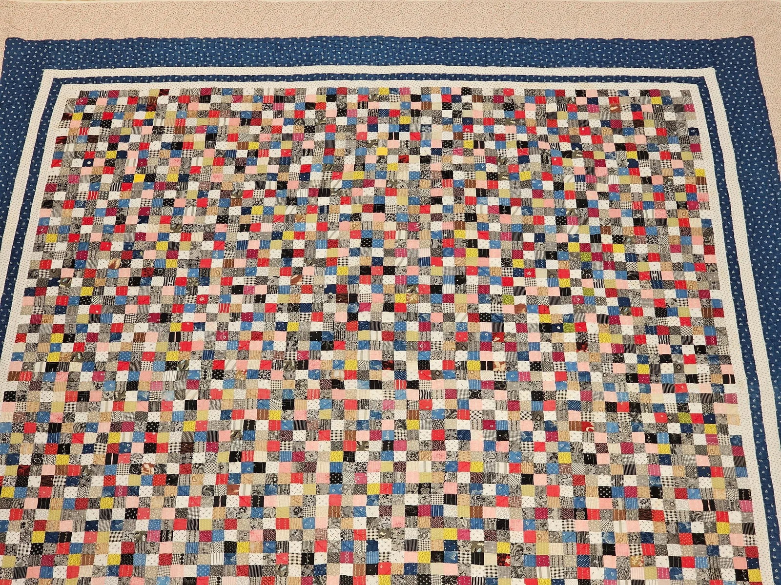 Vintage Hand Stitched and Hand Quilted Postage Stamp Quilt in Blue, Ivory, Red - 10