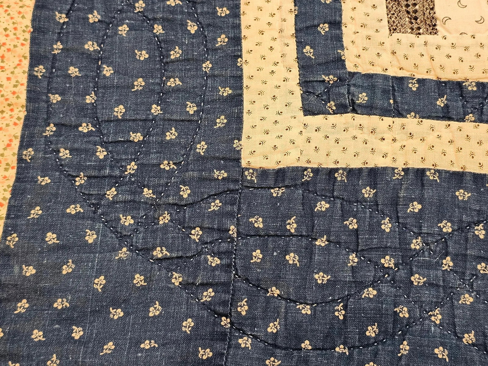 Vintage Hand Stitched and Hand Quilted Postage Stamp Quilt in Blue, Ivory, Red - 12