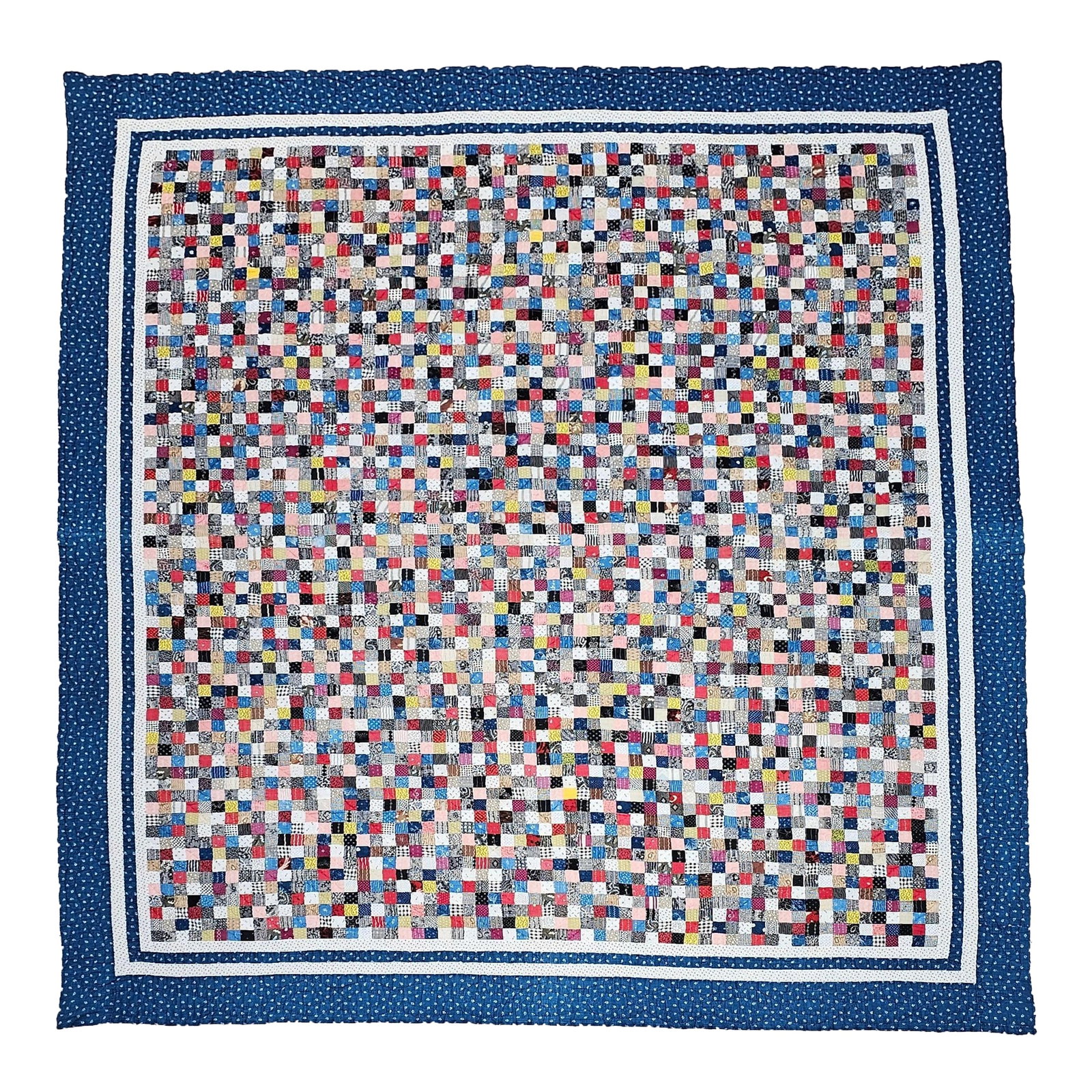 Vintage Hand Stitched and Hand Quilted Postage Stamp Quilt in Blue, Ivory, Red (1 of 12)