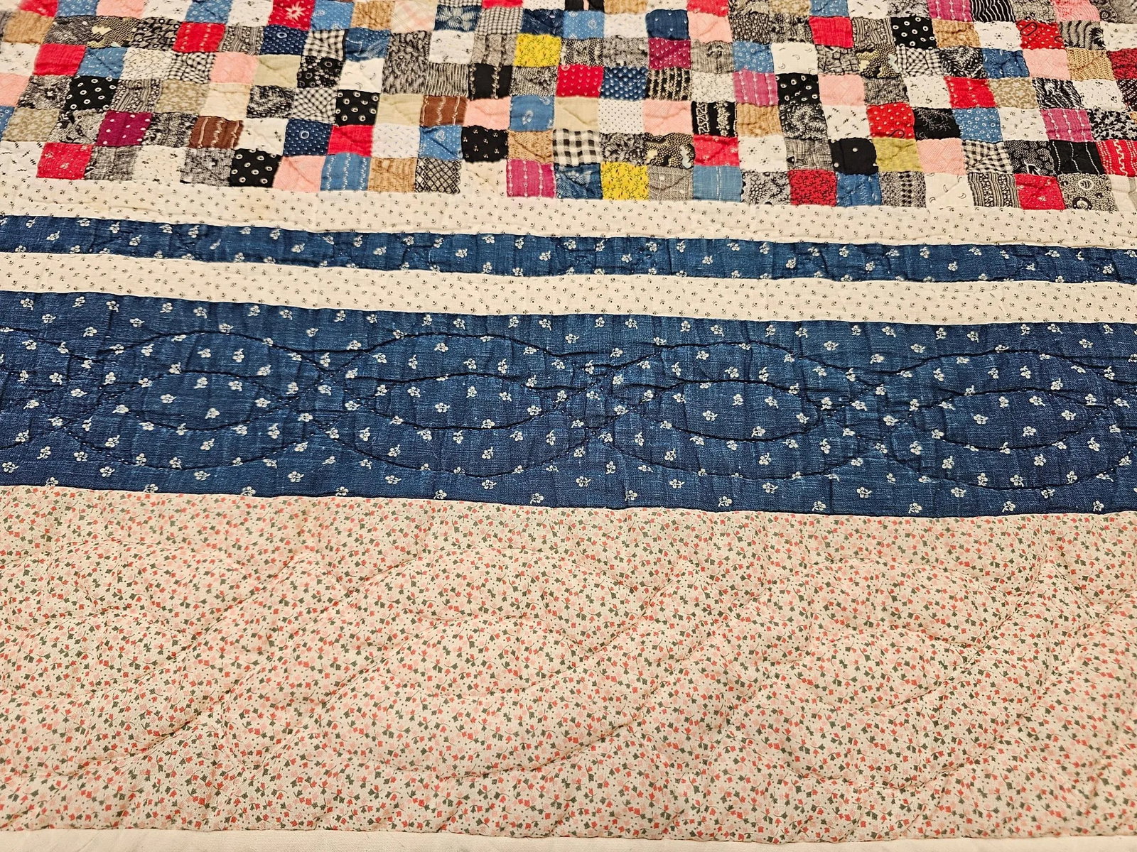 Vintage Hand Stitched and Hand Quilted Postage Stamp Quilt in Blue, Ivory, Red - 2