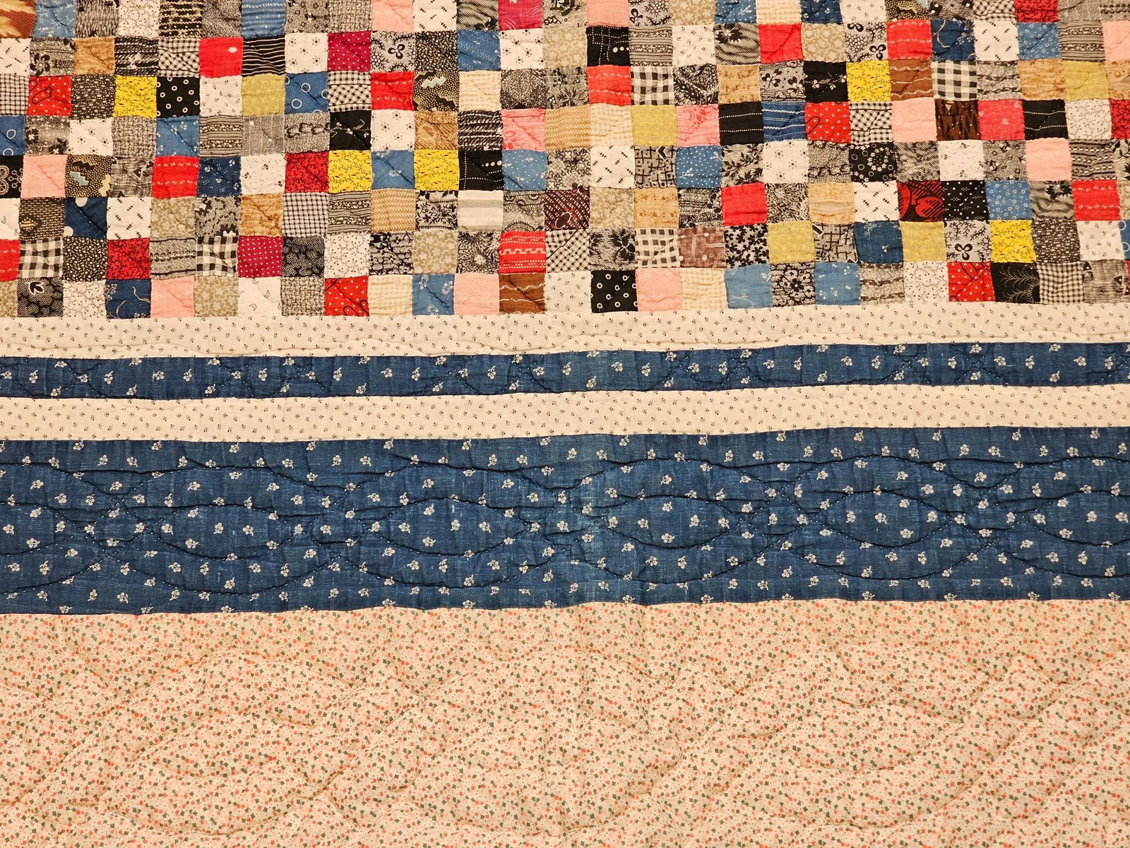 Vintage Hand Stitched and Hand Quilted Postage Stamp Quilt in Blue, Ivory, Red - 4