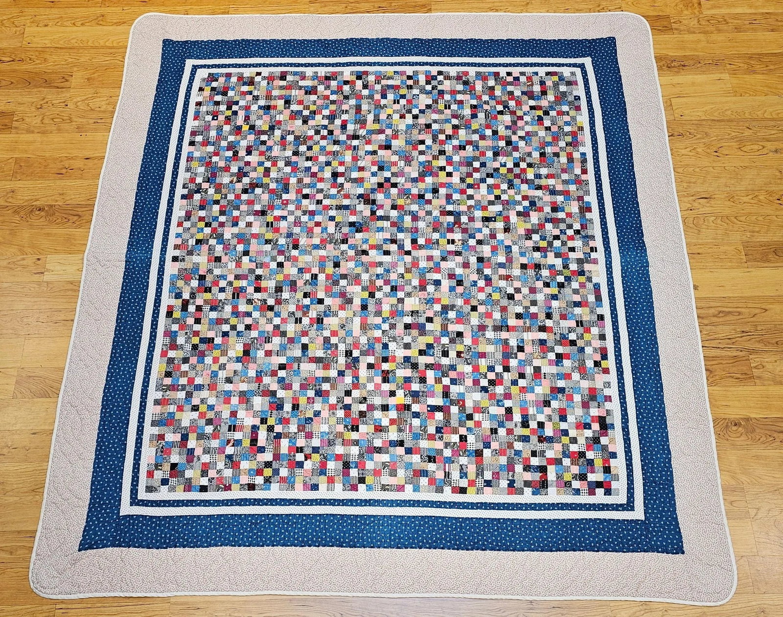 Vintage Hand Stitched and Hand Quilted Postage Stamp Quilt in Blue, Ivory, Red - 5