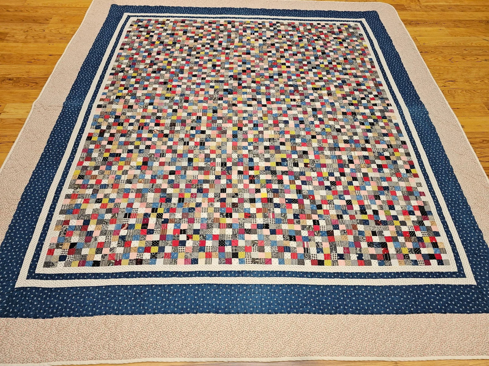 Vintage Hand Stitched and Hand Quilted Postage Stamp Quilt in Blue, Ivory, Red - 6