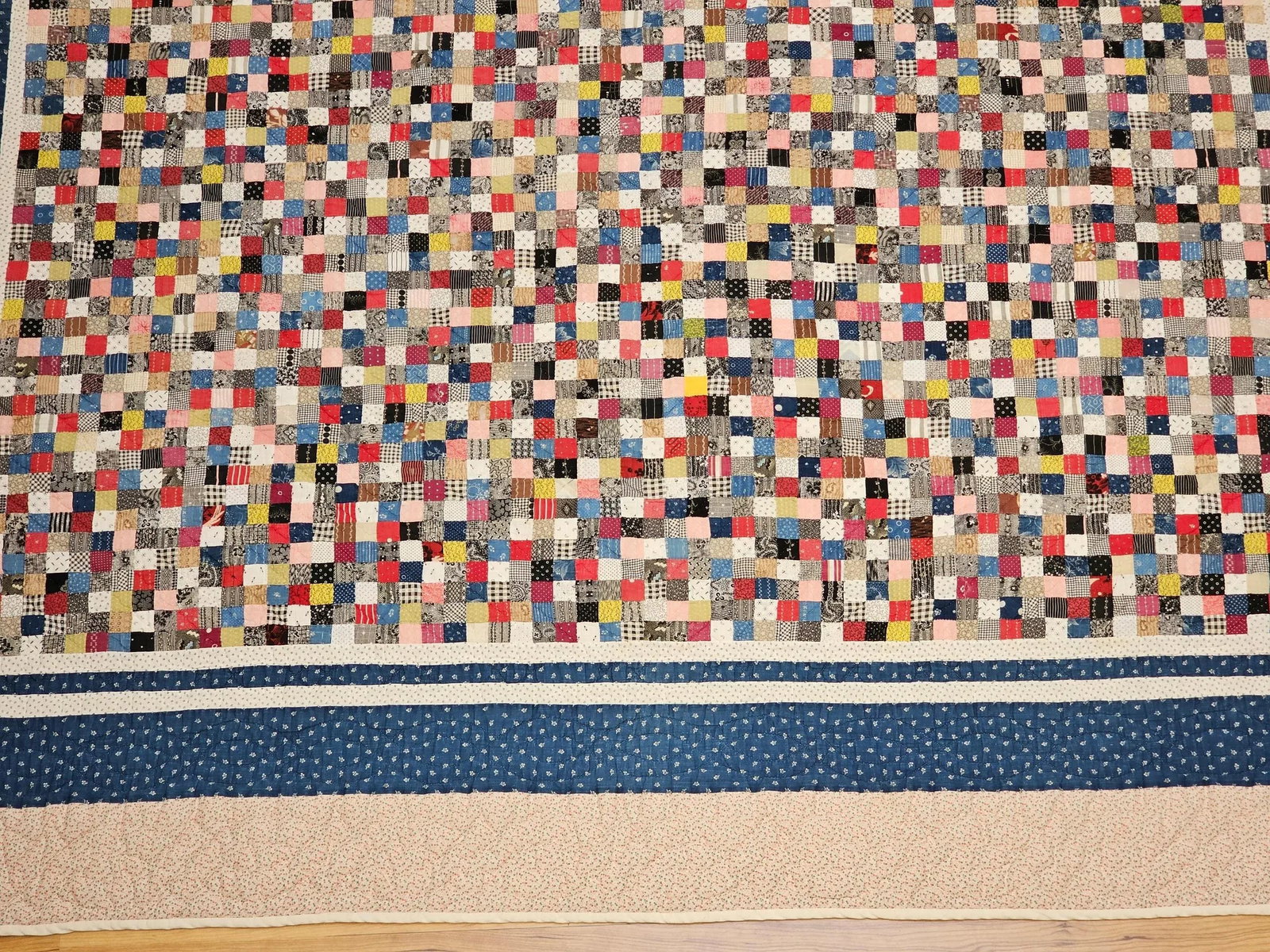 Vintage Hand Stitched and Hand Quilted Postage Stamp Quilt in Blue, Ivory, Red - 8