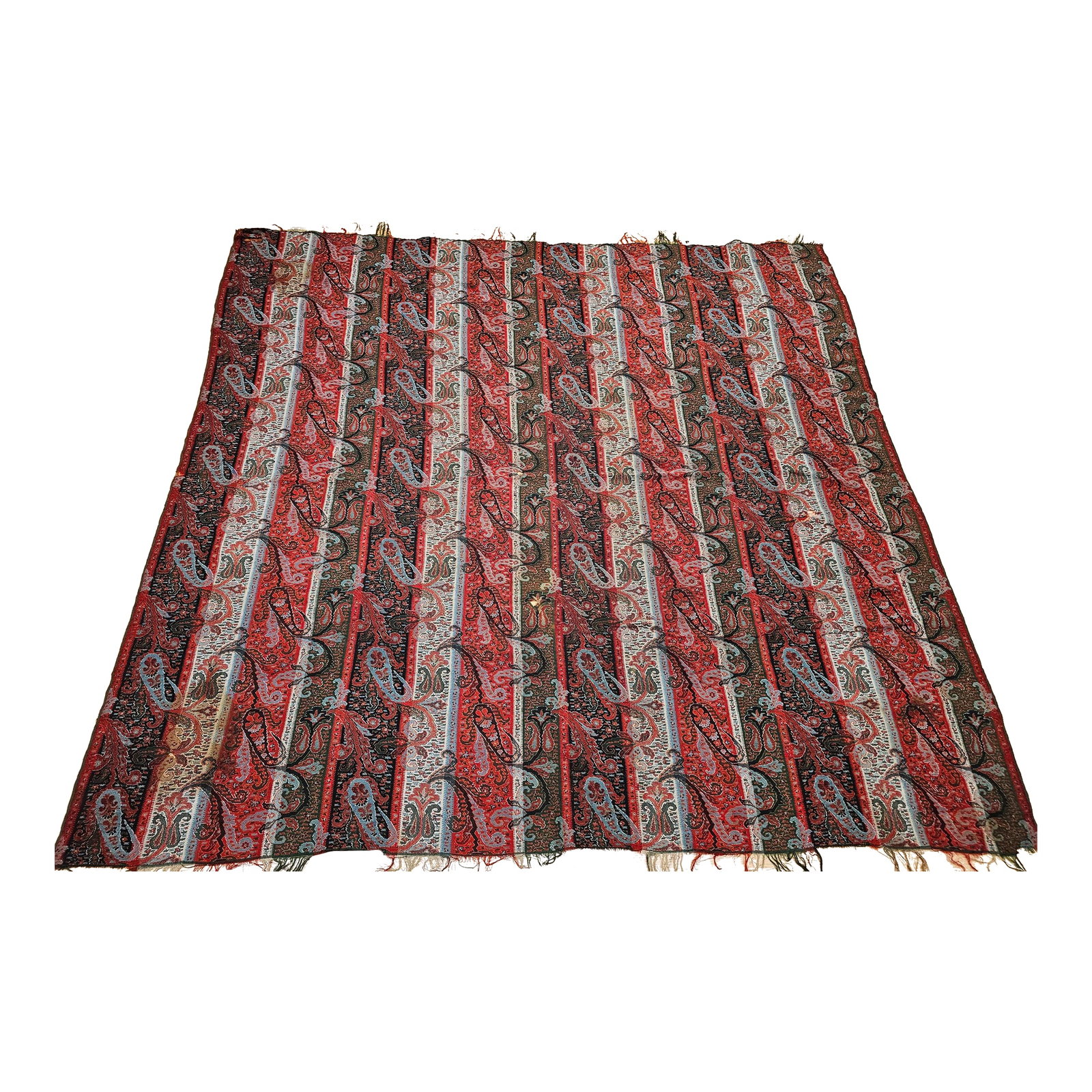 Late 19th Century Paisley Shawl Fabric: An exquisite 19th-century hand-woven Paisley shawl from Northwest India, featuring an elegant color palette of brick red, ivory, black, and green. This historic textile showcases a finely detailed