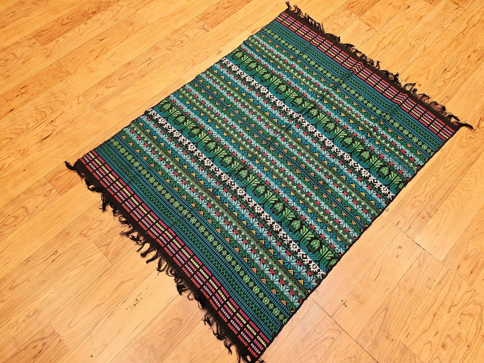 Vintage South American Hand-Woven Textile Panel in Striped Pattern – Blue, Red, Green, Black, - 10