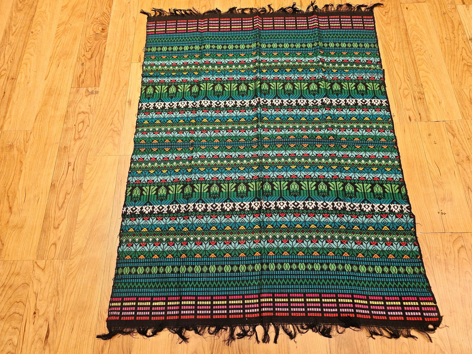 Vintage South American Hand-Woven Textile Panel in Striped Pattern – Blue, Red, Green, Black, - 11