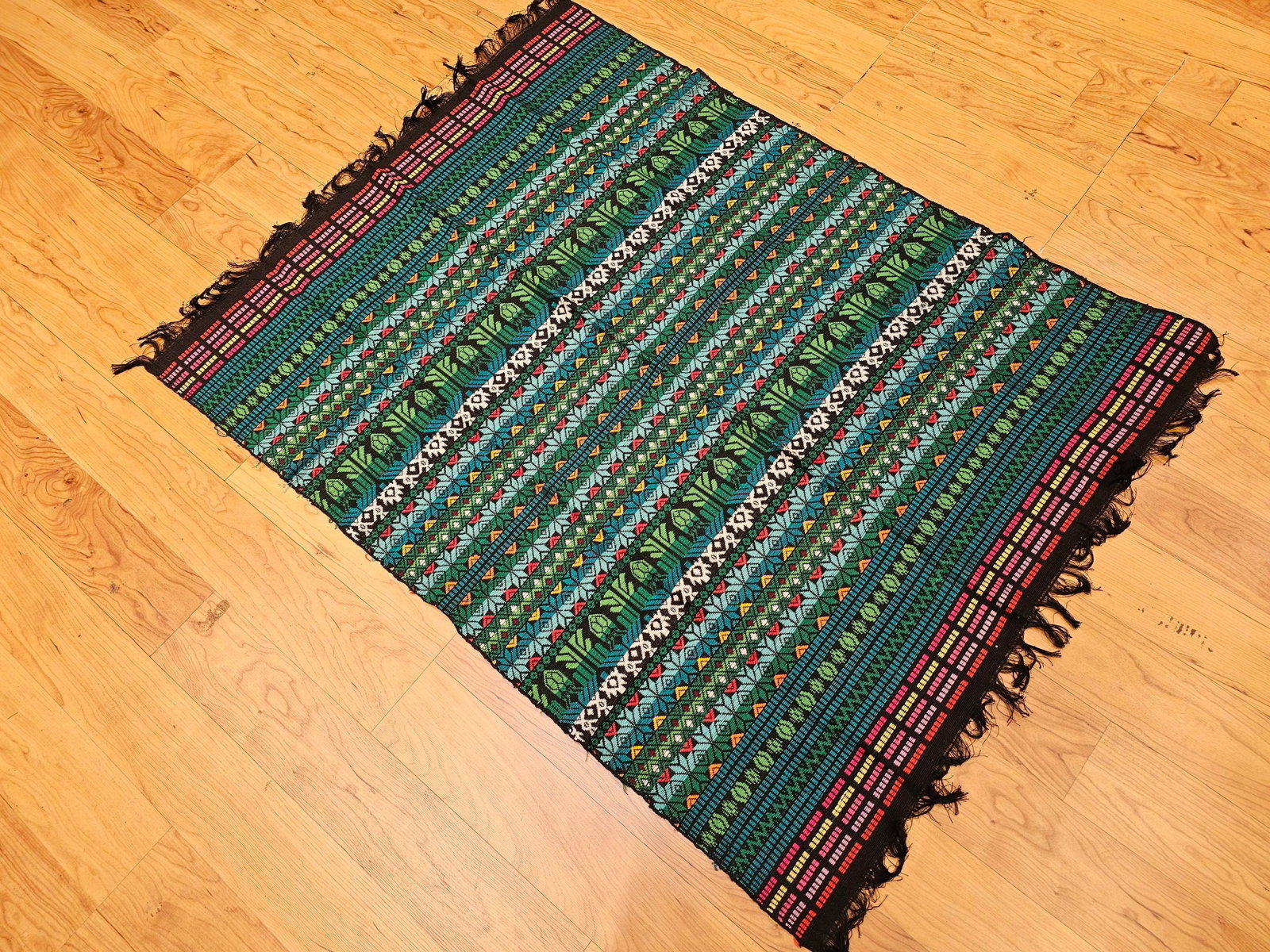 Vintage South American Hand-Woven Textile Panel in Striped Pattern – Blue, Red, Green, Black, - 12