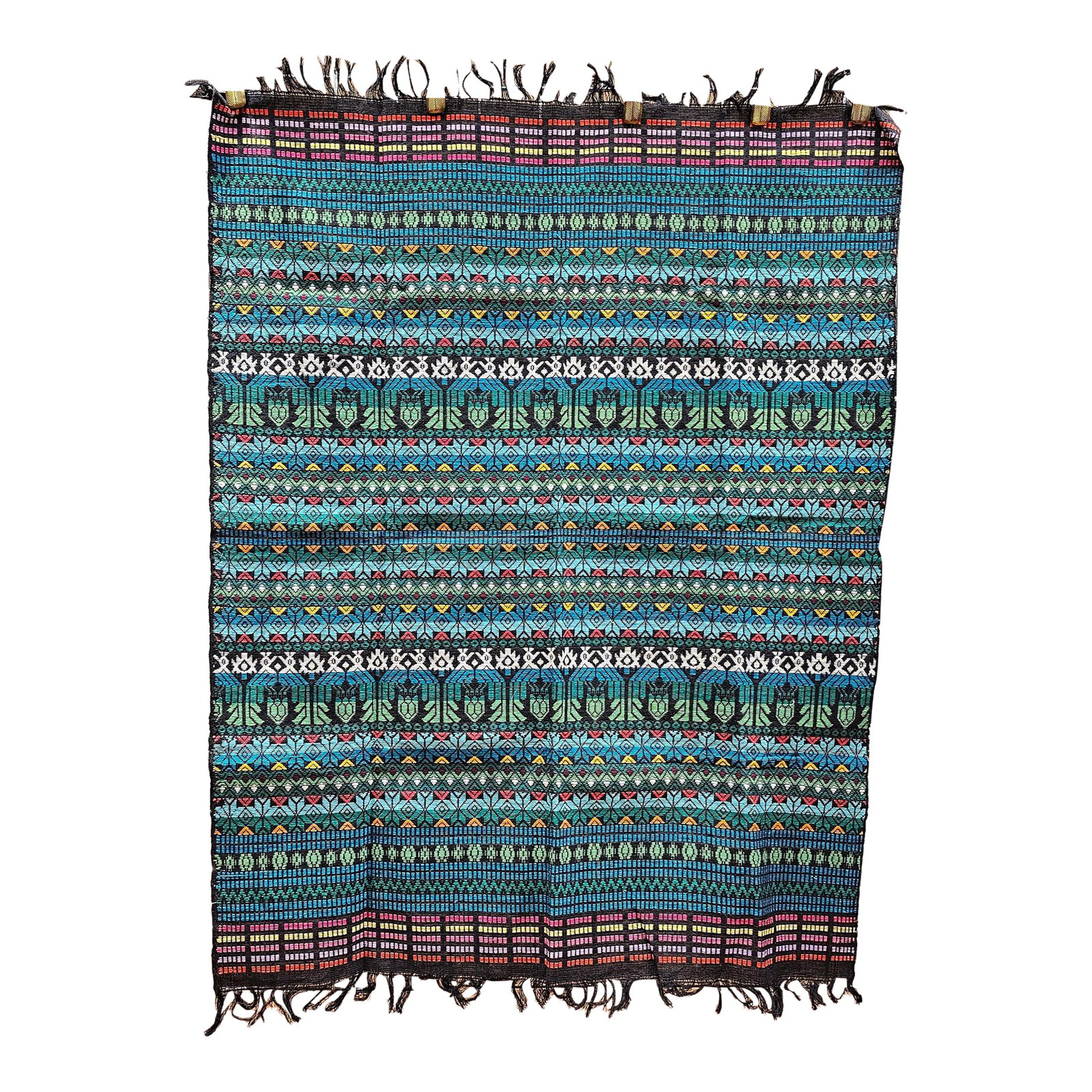 Vintage South American Hand-Woven Textile Panel in Striped Pattern – Blue, Red, Green, Black,: Exploring the brilliant artistry of South American weaving with this captivating Vintage Hand-Woven Textile Panel. This exceptional piece features a striking banded stripes pattern, showcasing an