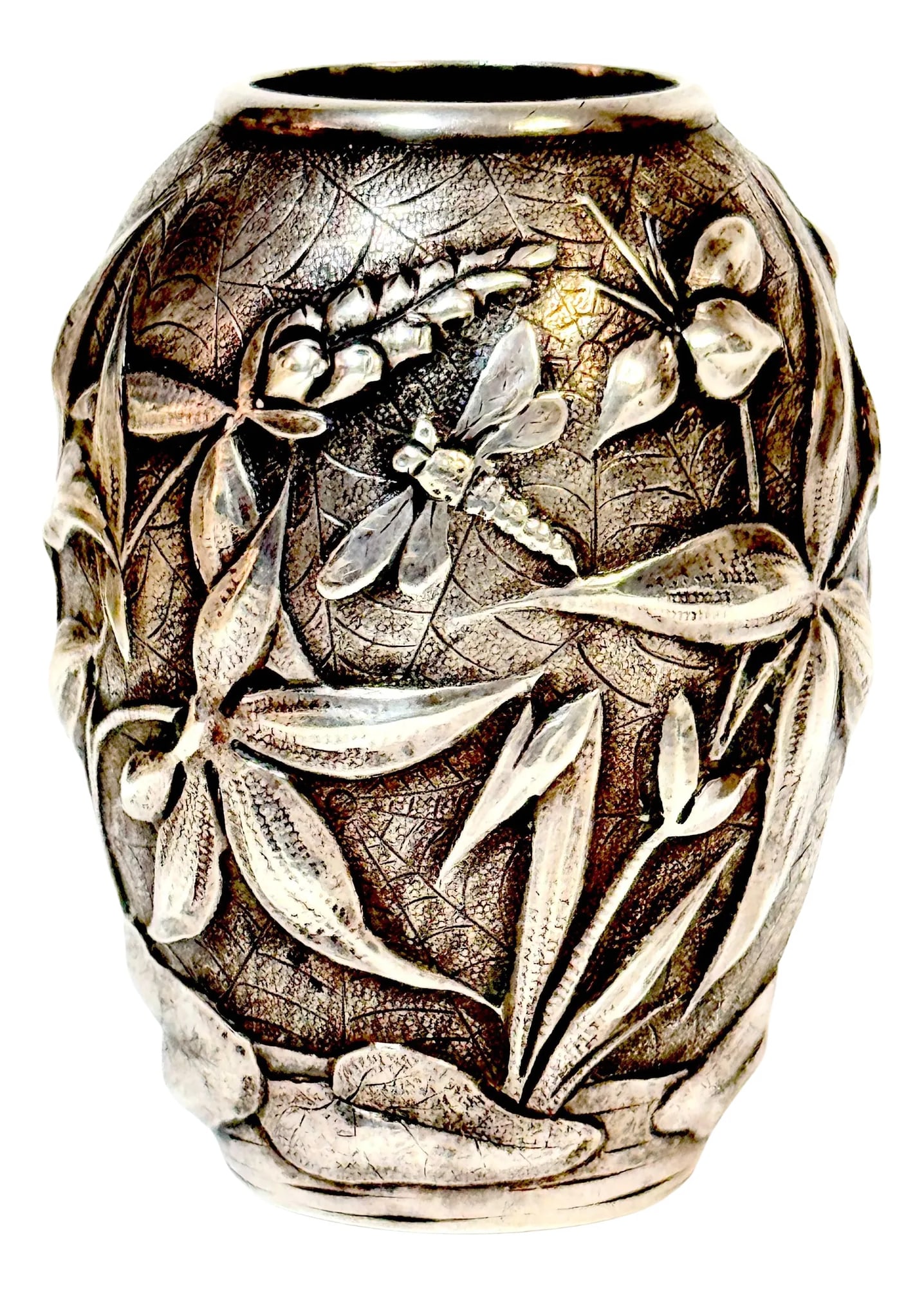 Exceptional Dominic & Haff Japonisme Sterling Cabinet Vase Dragonfly & Cobwebs: Exceptional Dominic & Haff Japonisme Sterling Cabinet Vase"”Dragonfly & Cobwebs This exquisite Dominic & Haff sterling silver cabinet vase is a rare and finely detailed example of Japonisme-insp