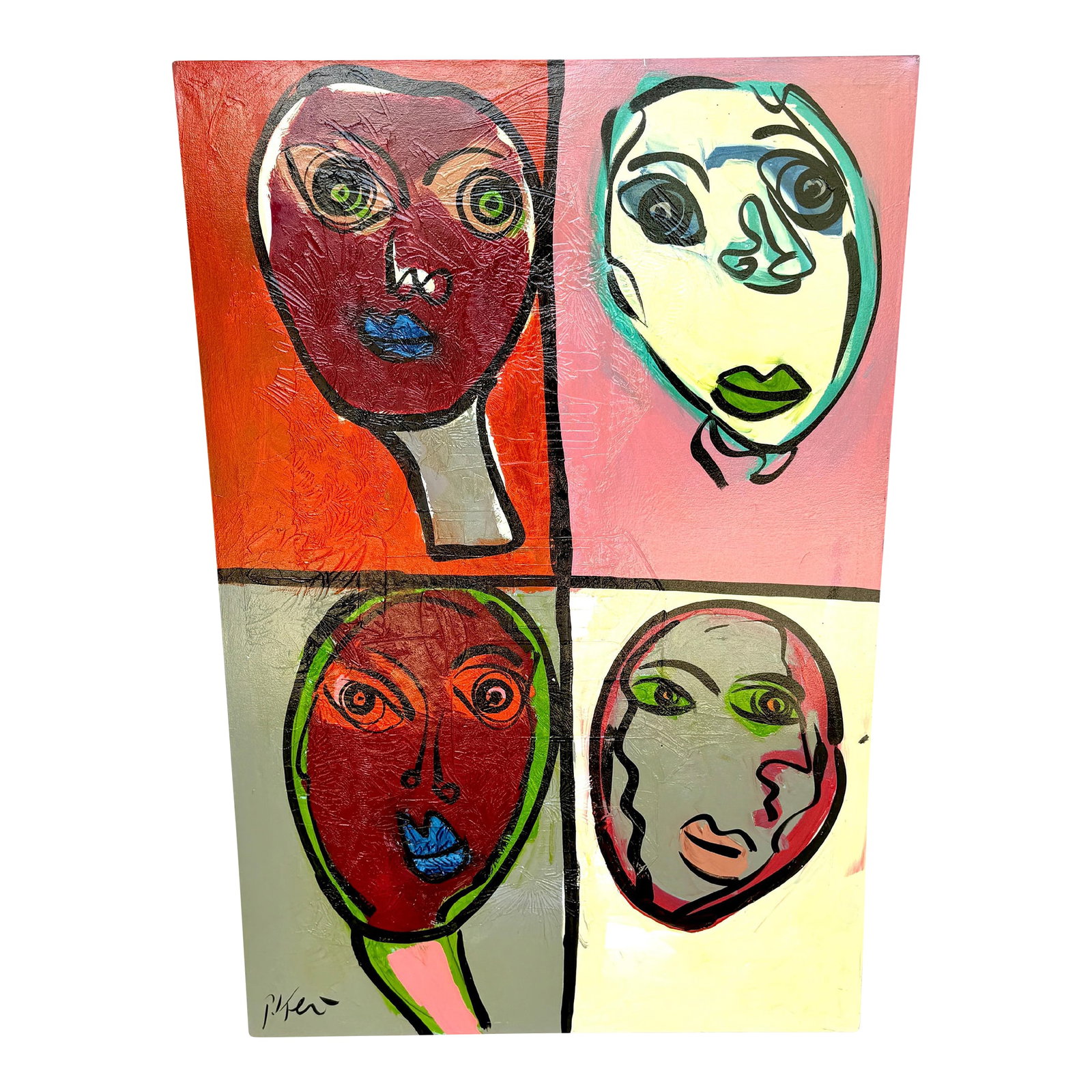 Peter Keil, Masterwork Mixed Media Textured Quadriptych (4) Portraits, C. 1980: Peter Keil, Masterwork Mixed Media Textured Quadriptych (4) Portraits, c. 1980 Oil on Canvas Signed "P. Keil" Lower Left Dimensions: 40" W x 60" H Unframed Ready to Place or Frame This striking
