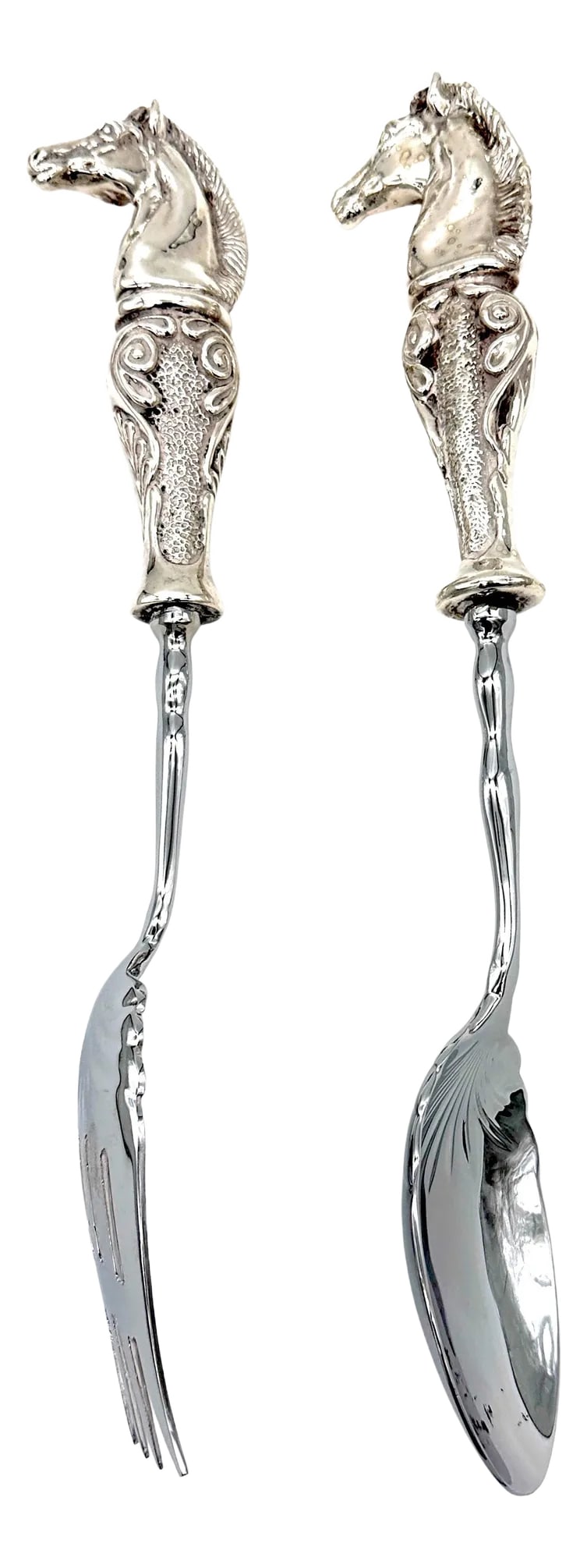Italian Sterling Silver Figural Horse Head & Silverplate Salad Set, Fork & Spoon - Set of 2: Italian Sterling Silver Figural Horse Head & Silverplate Salad Set"”Fork & Spoon Italy, 20th Century This exquisite Italian sterling silver and silver-plated salad serving set is a stunning