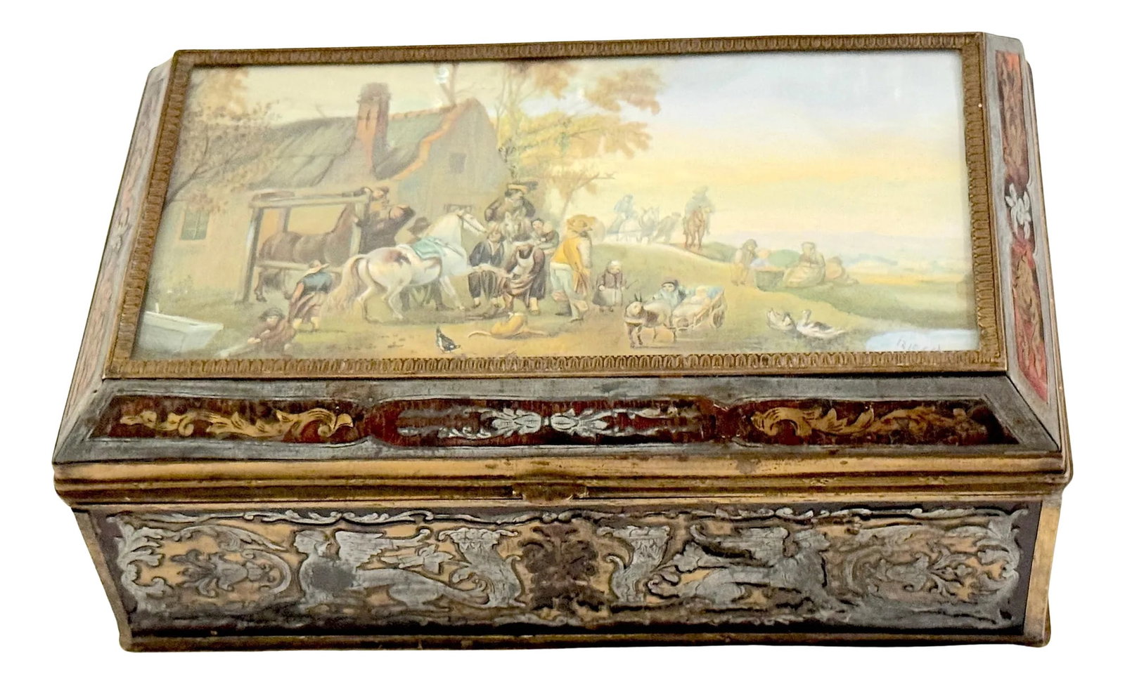 19th C. Boulle Inlaid Table Box Miniature Pastoral Landscape, Signed 'Resck' (1 of 12)