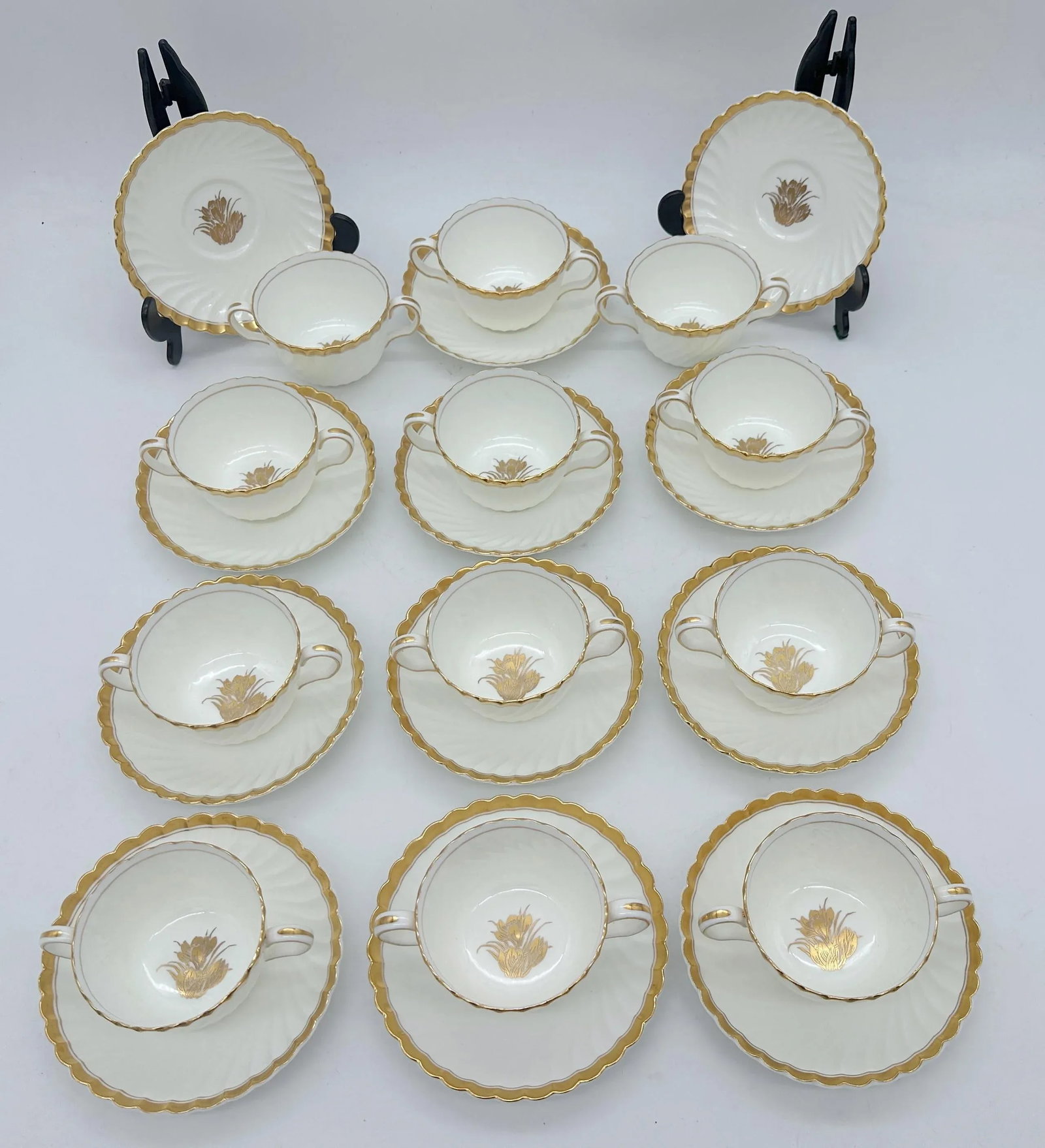 12 Tiffany & Company Mintons 'Gold Crocus' Pattern Twin handled Cups & Saucers - 5