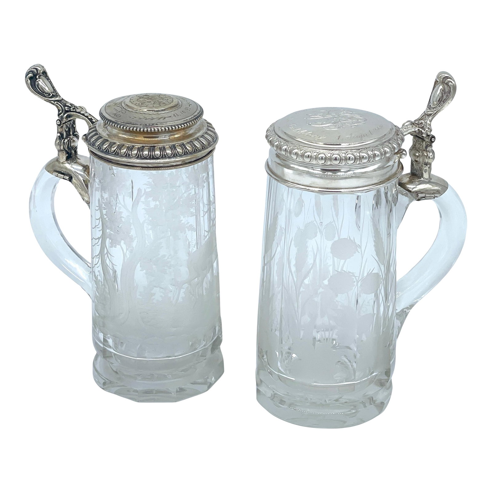 Two Bohemian Engraved Glass Stag & Clover Motif .800 Silver Mounted Steins (1 of 12)