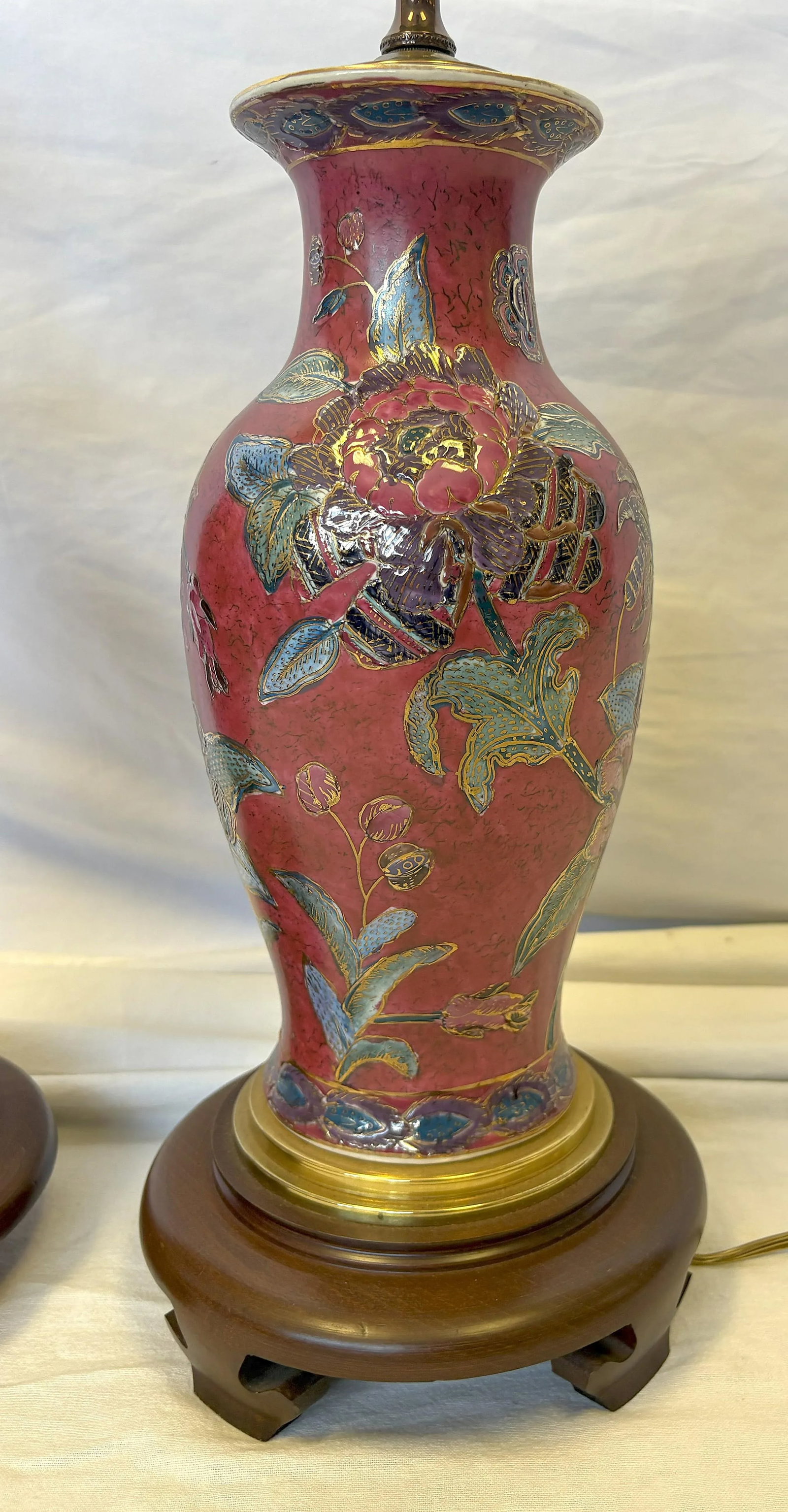 Vintage Ceramic Vase Lamps With Elegant Floral Design on Wood Plinths- A Pair - 10