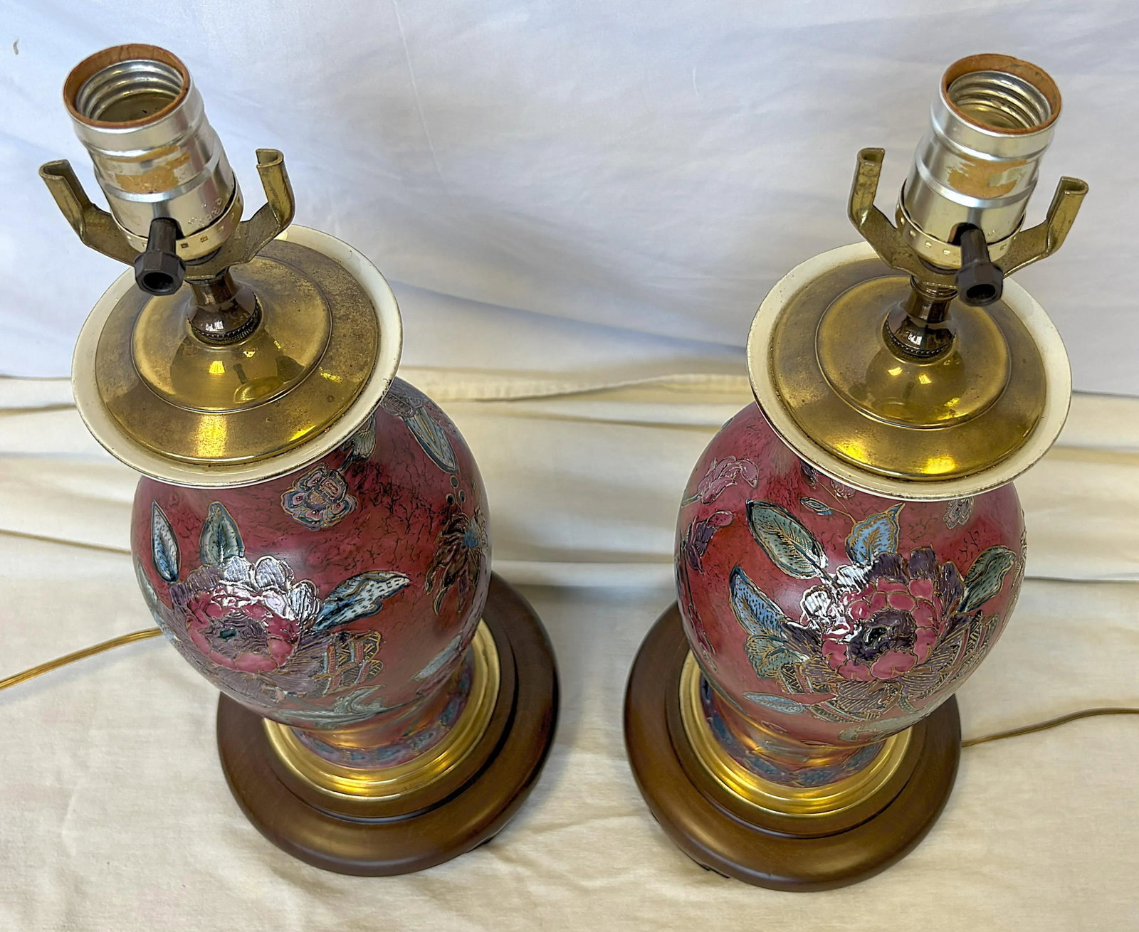 Vintage Ceramic Vase Lamps With Elegant Floral Design on Wood Plinths- A Pair - 11