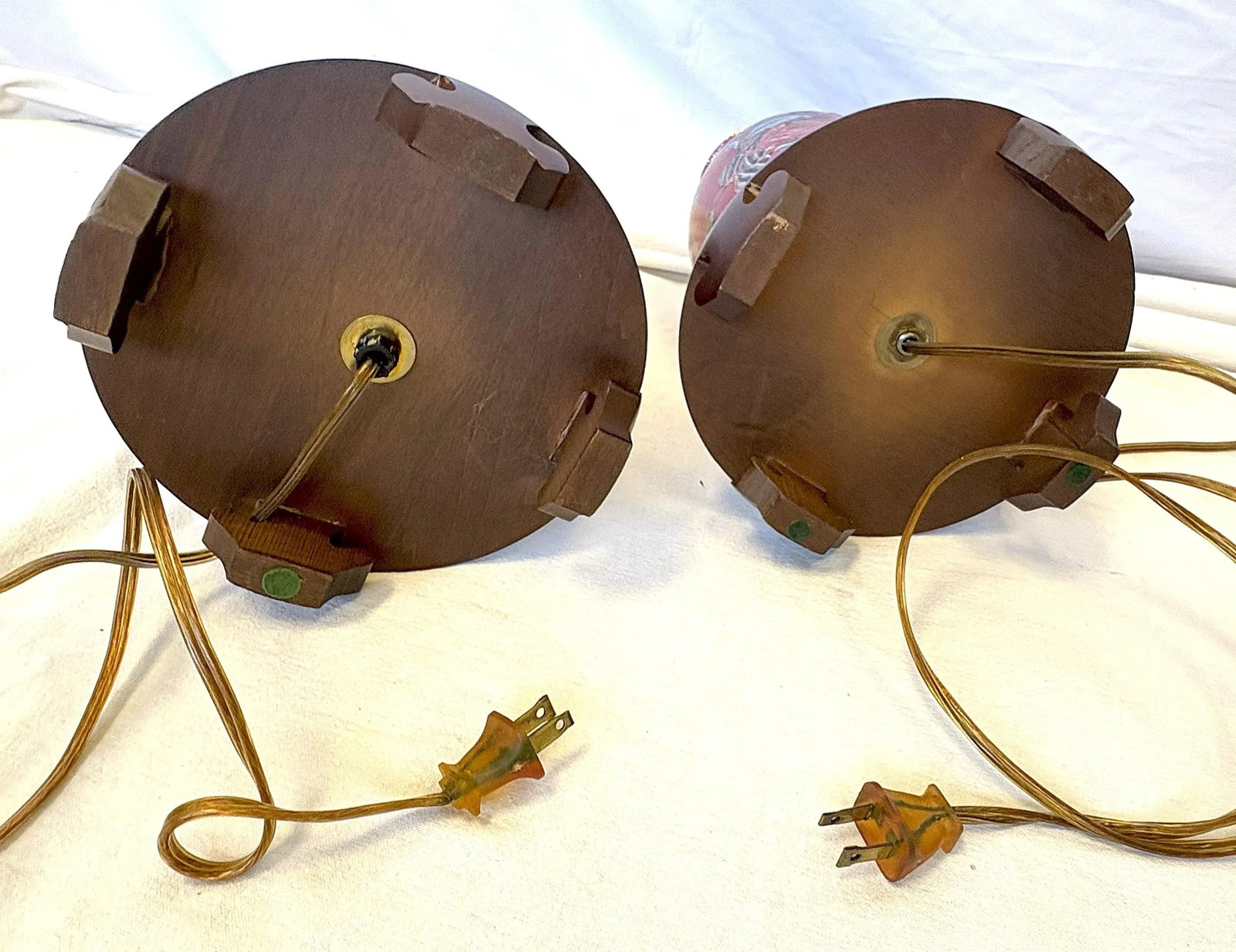 Vintage Ceramic Vase Lamps With Elegant Floral Design on Wood Plinths- A Pair - 12