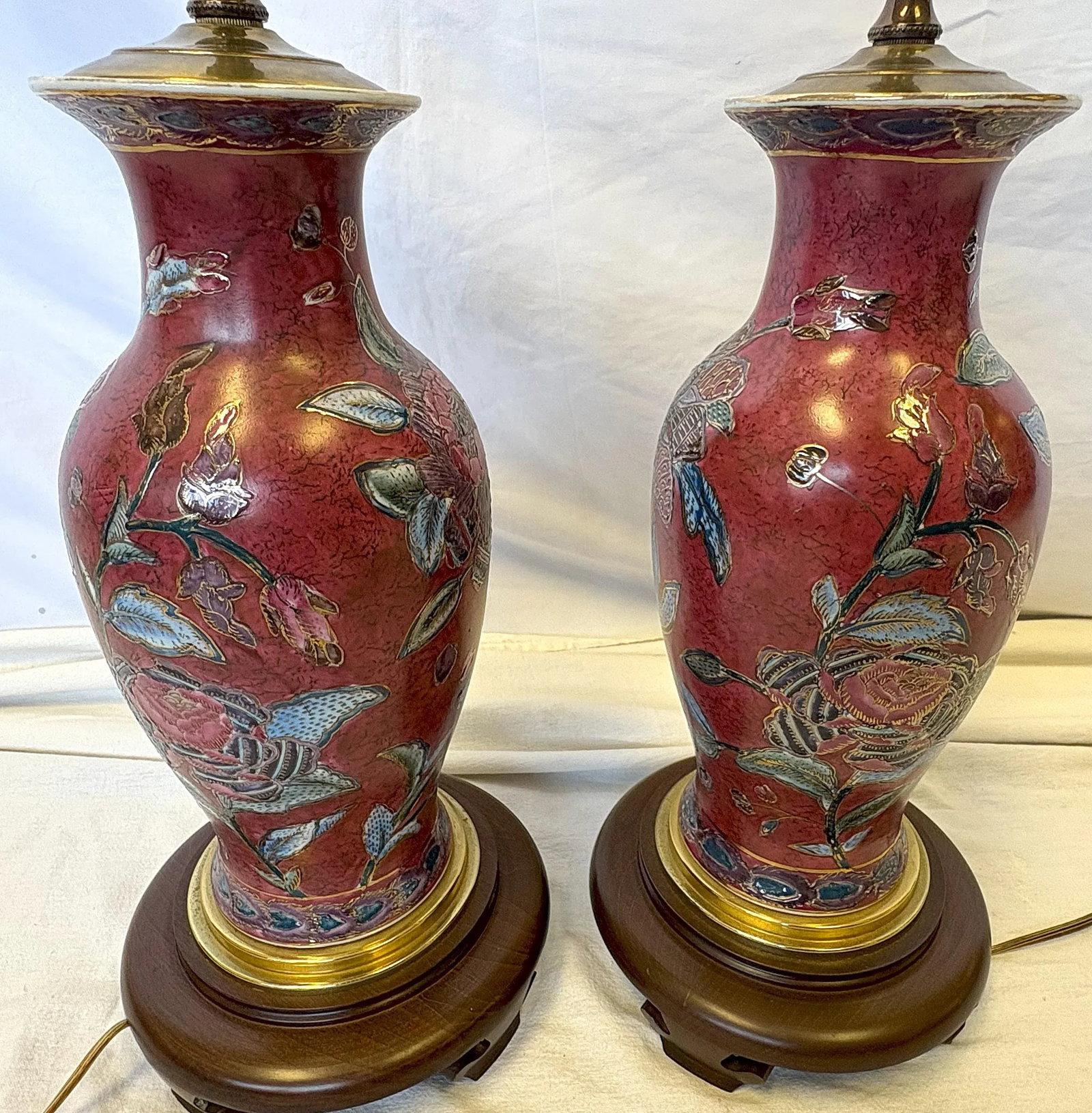 Vintage Ceramic Vase Lamps With Elegant Floral Design on Wood Plinths- A Pair - 2