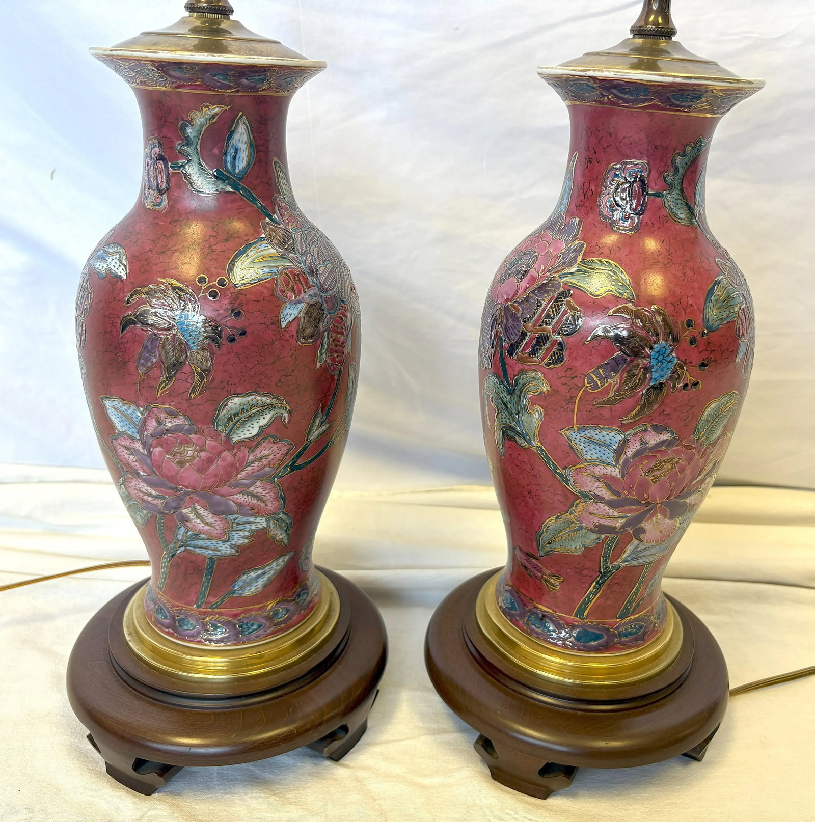 Vintage Ceramic Vase Lamps With Elegant Floral Design on Wood Plinths- A Pair - 3