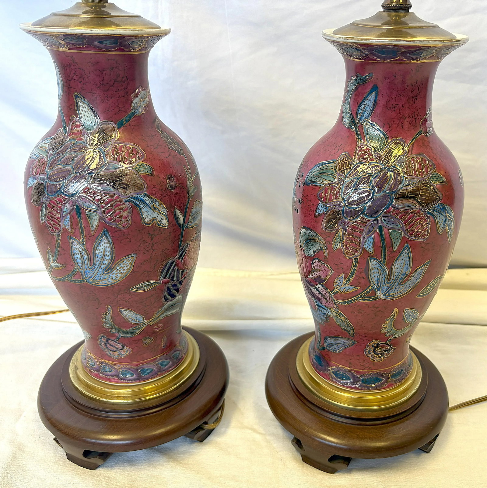 Vintage Ceramic Vase Lamps With Elegant Floral Design on Wood Plinths- A Pair - 4