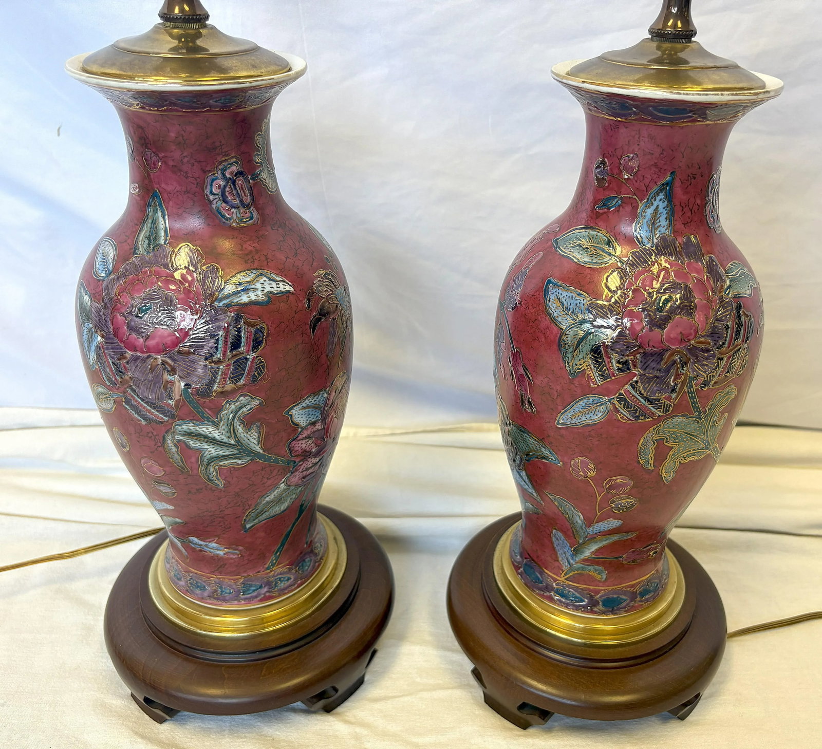 Vintage Ceramic Vase Lamps With Elegant Floral Design on Wood Plinths- A Pair - 5