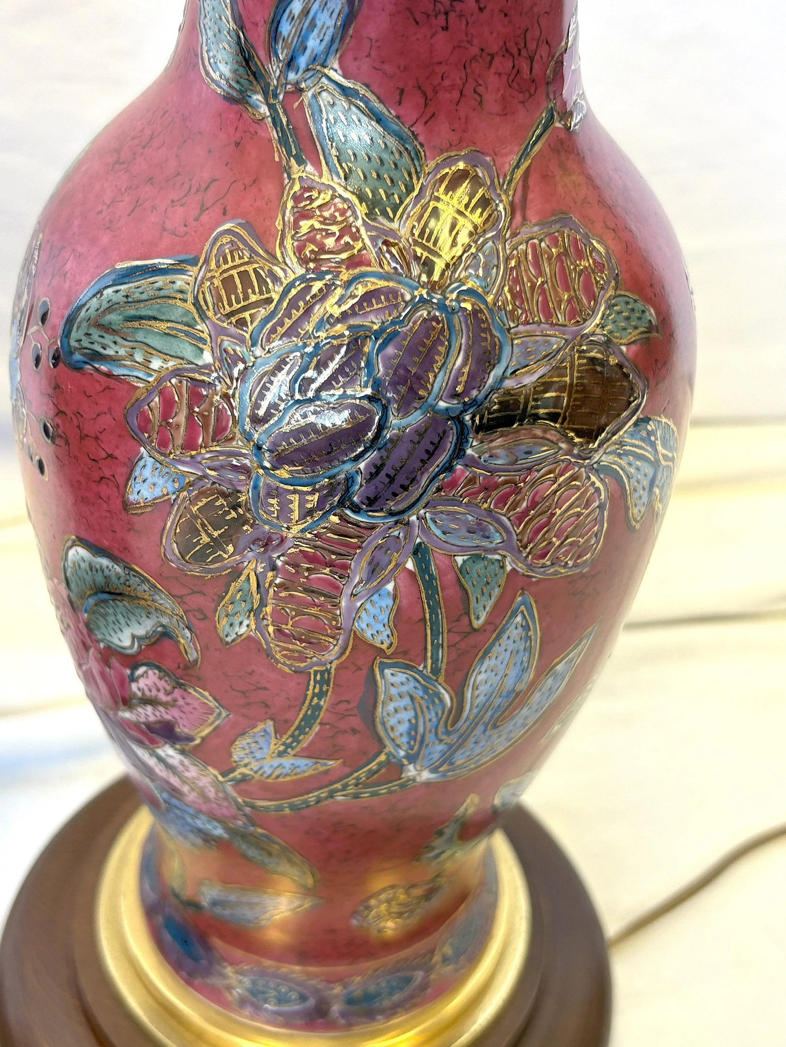 Vintage Ceramic Vase Lamps With Elegant Floral Design on Wood Plinths- A Pair - 6