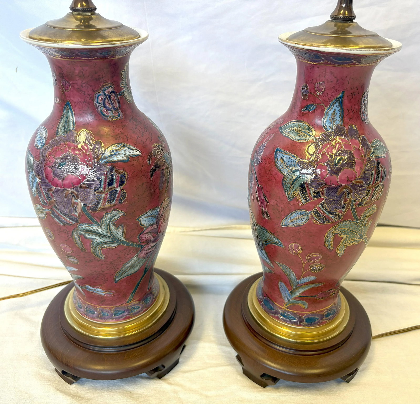Vintage Ceramic Vase Lamps With Elegant Floral Design on Wood Plinths- A Pair - 7