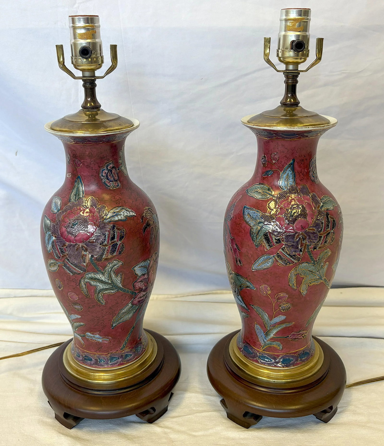 Vintage Ceramic Vase Lamps With Elegant Floral Design on Wood Plinths- A Pair - 8