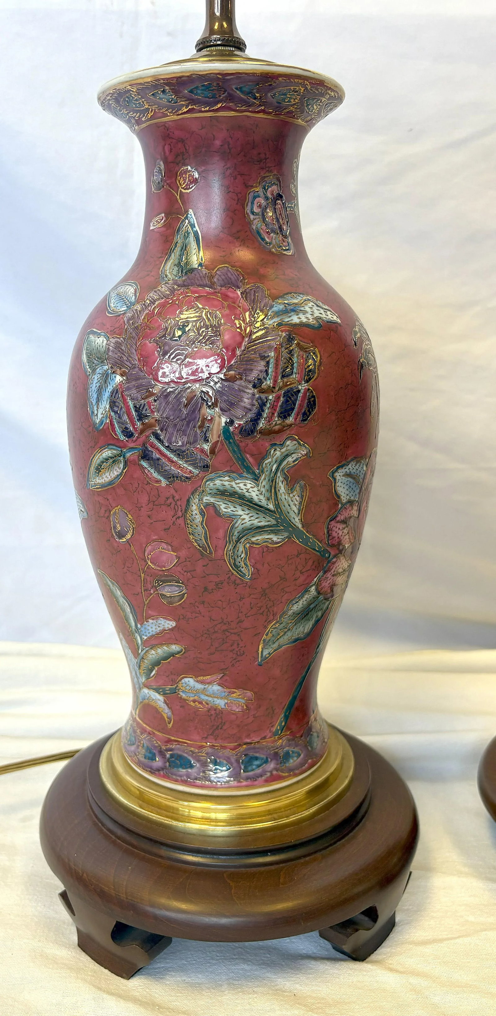 Vintage Ceramic Vase Lamps With Elegant Floral Design on Wood Plinths- A Pair - 9