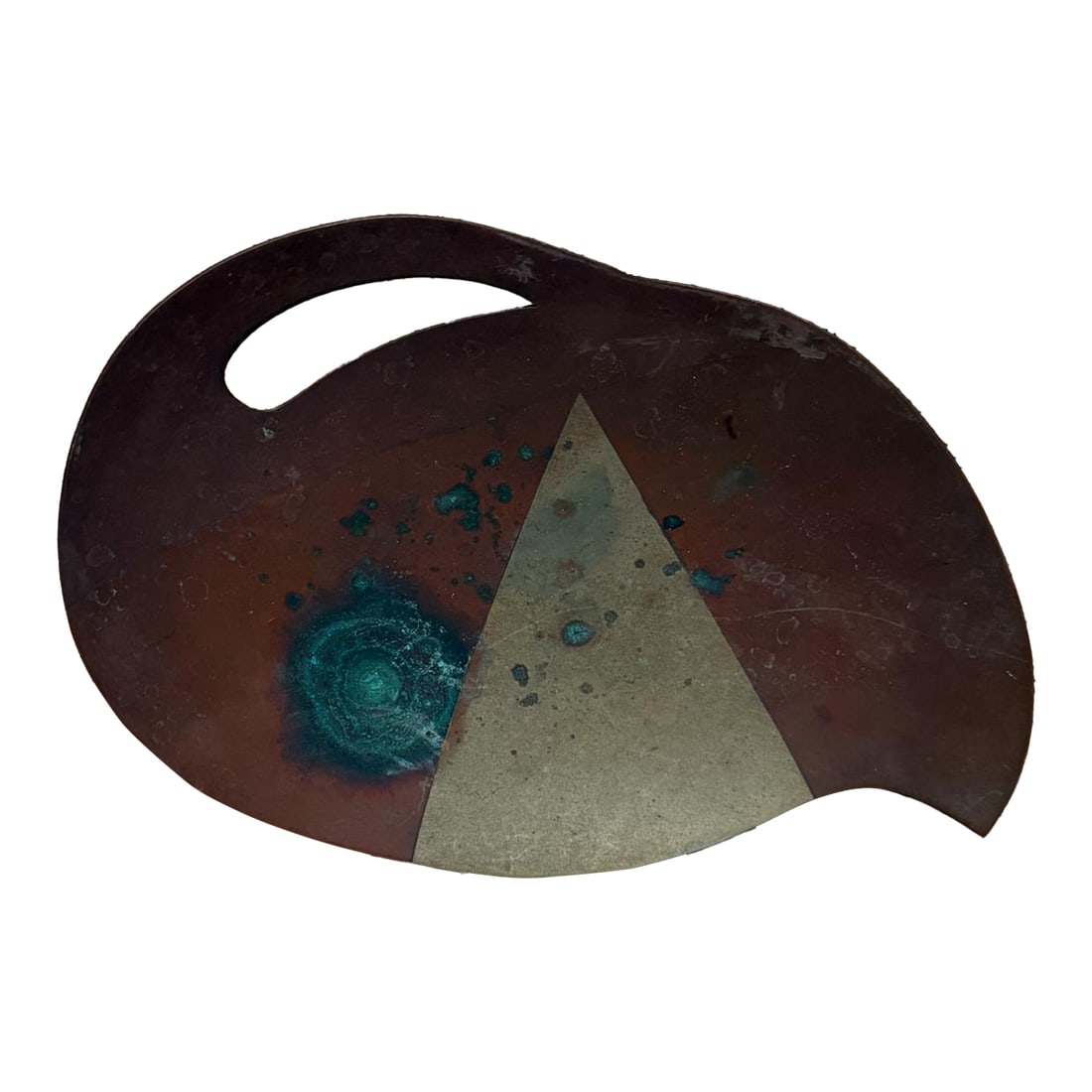 1950s Los Castillo Patinated Metales Casados Sculptural Dish: AMBIANIC presents 1950s Metales Casados Sculptural Footed Dish attributed to Los Castillo Stamped Mexico Mixed Metals Brass, Stainless Steel and Copper. Patinated Finish with Verdigris patina. 8.75 x