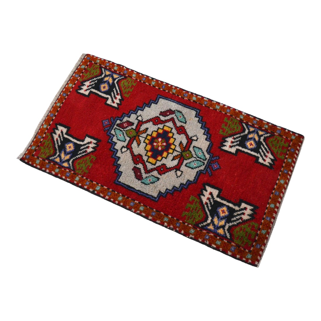 1970 Hand Knotted Mat Small Turkish Rug Entry Decor Door Mat- 1"²9"³ × 3"²: Vintage Turkish Hand-Knotted Small Rug from Anatolia / Oushak, 1970s. Authentic mini rug featuring coral-red tones and timeless Anatolian motifs "” perfect for entryways, kitchens, or beside