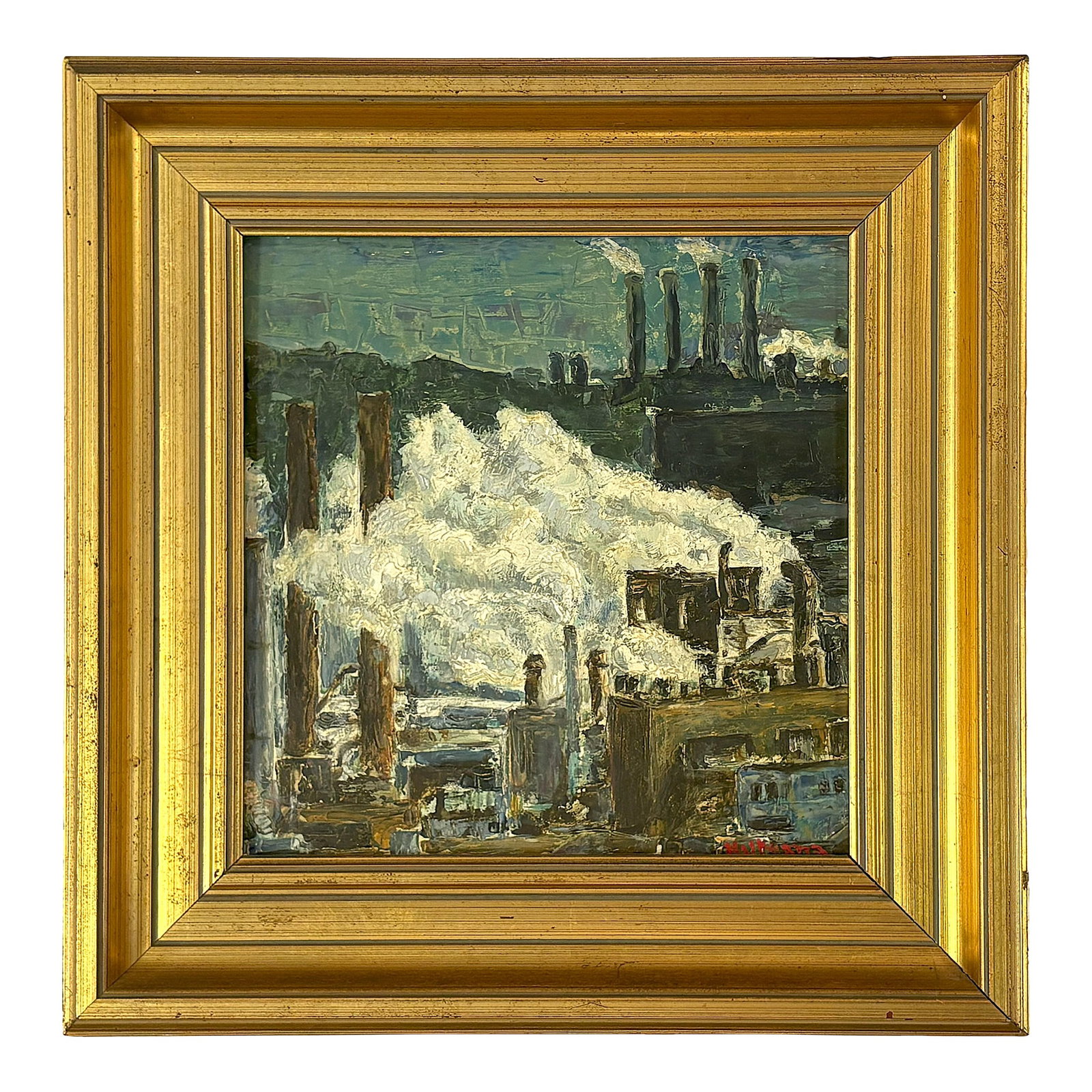 Original Signed Industrial Cityscape Painting on Board C1976: Cool industrial cityscape painting circa 1976. The painting is done on hardboard and executed with thick quick somewhat impressionistic style brushstrokes in cool tones. It is signed illegibly in the