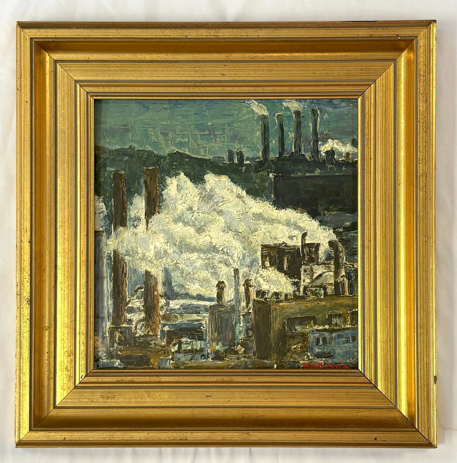 Original Signed Industrial Cityscape Painting on Board C1976 - 2