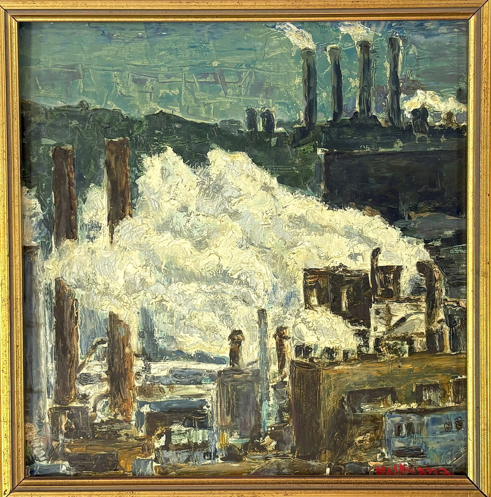 Original Signed Industrial Cityscape Painting on Board C1976 - 3
