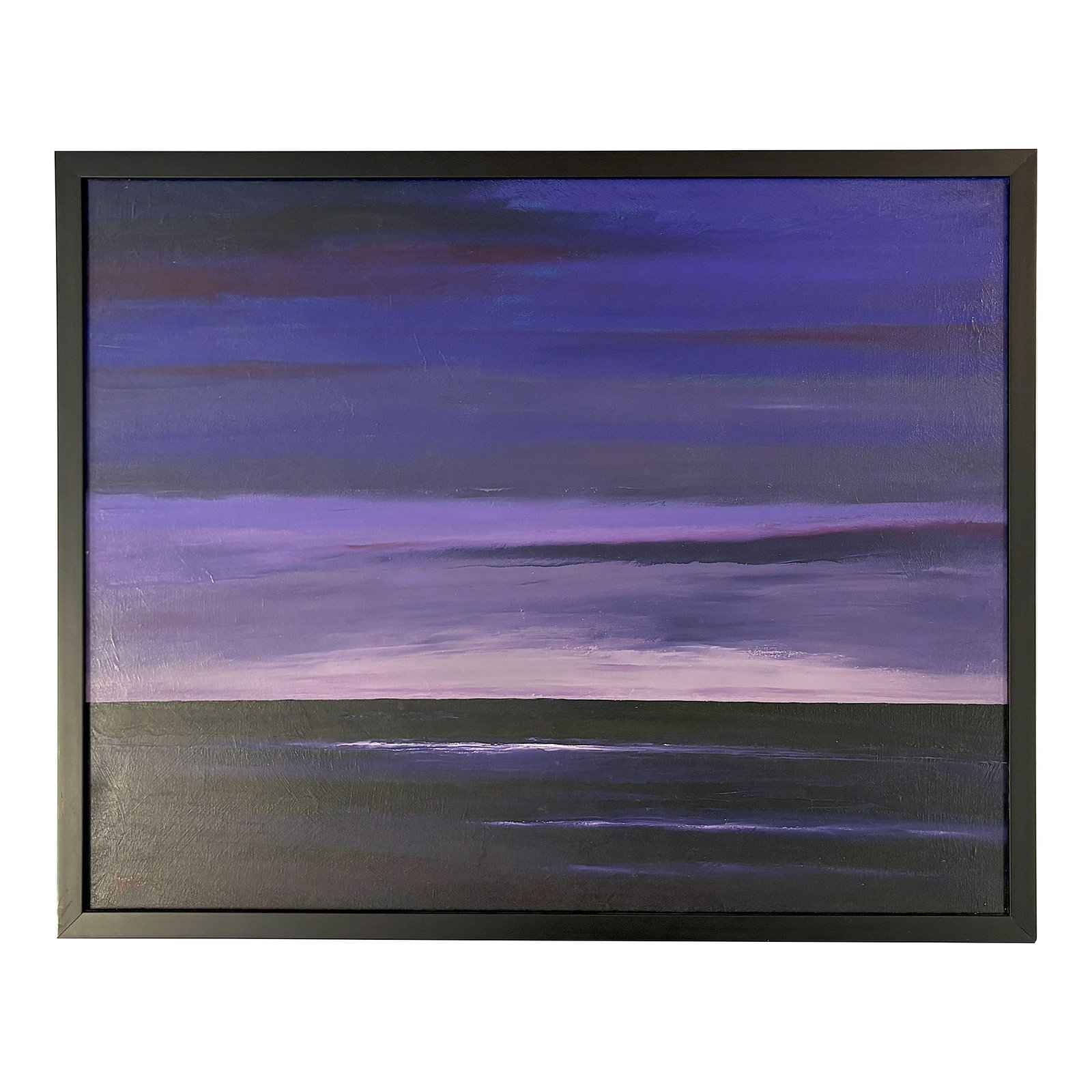 Original Signed & Framed Painting on Canvas by A. Neri (American, Present Day) Titled 'Pacific Eveni: Moody minimalist original oil painting on canvas by A.D. Neri (American, present day). The atmospheric seascape is beautifully interpreted in a modern style with rich purple colors that blur the