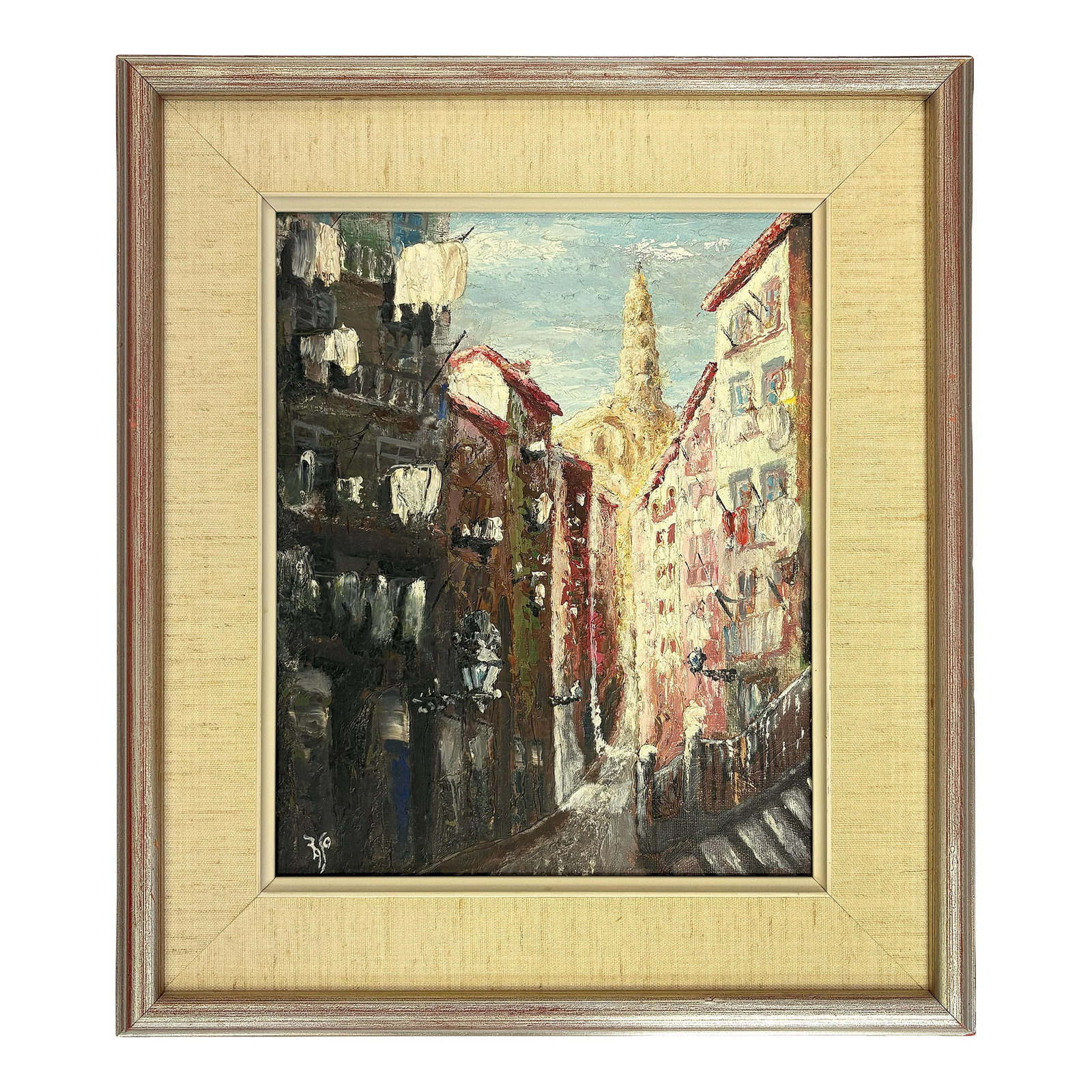 Original Framed and Signed Painting on Canvas of Alfama, Portugal C1968: Superb signed and framed original painting on canvas depicting Alfama, Portugal circa 1968. Alfama is one of Europe's oldest neighborhoods and the architecture has a Moorish feel. This impressionist