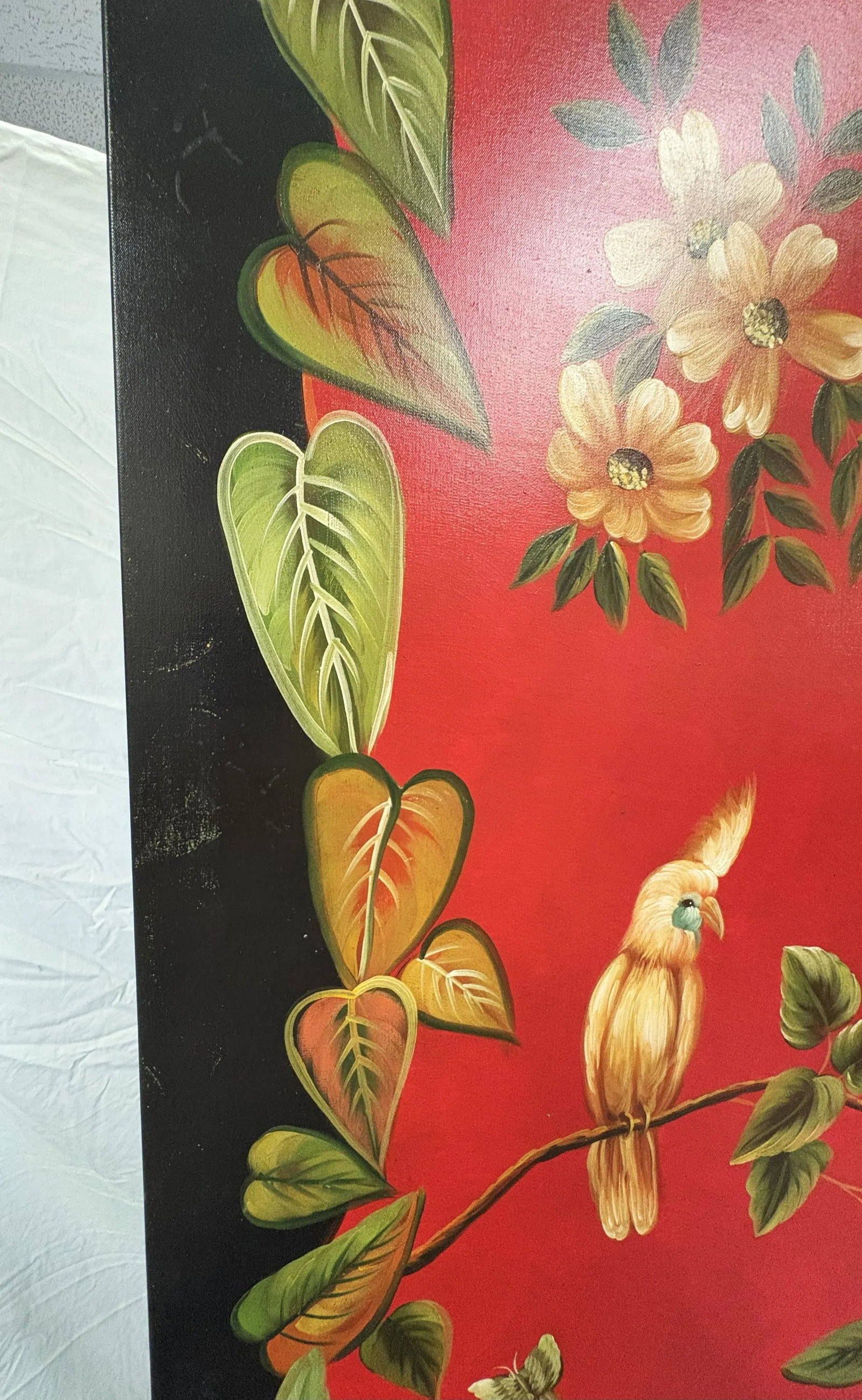 Vintage Chelsea House 3-Panel Canvas Floor Screen Hand Painted by Artist Lin Wu With Birds, Foliage - 11