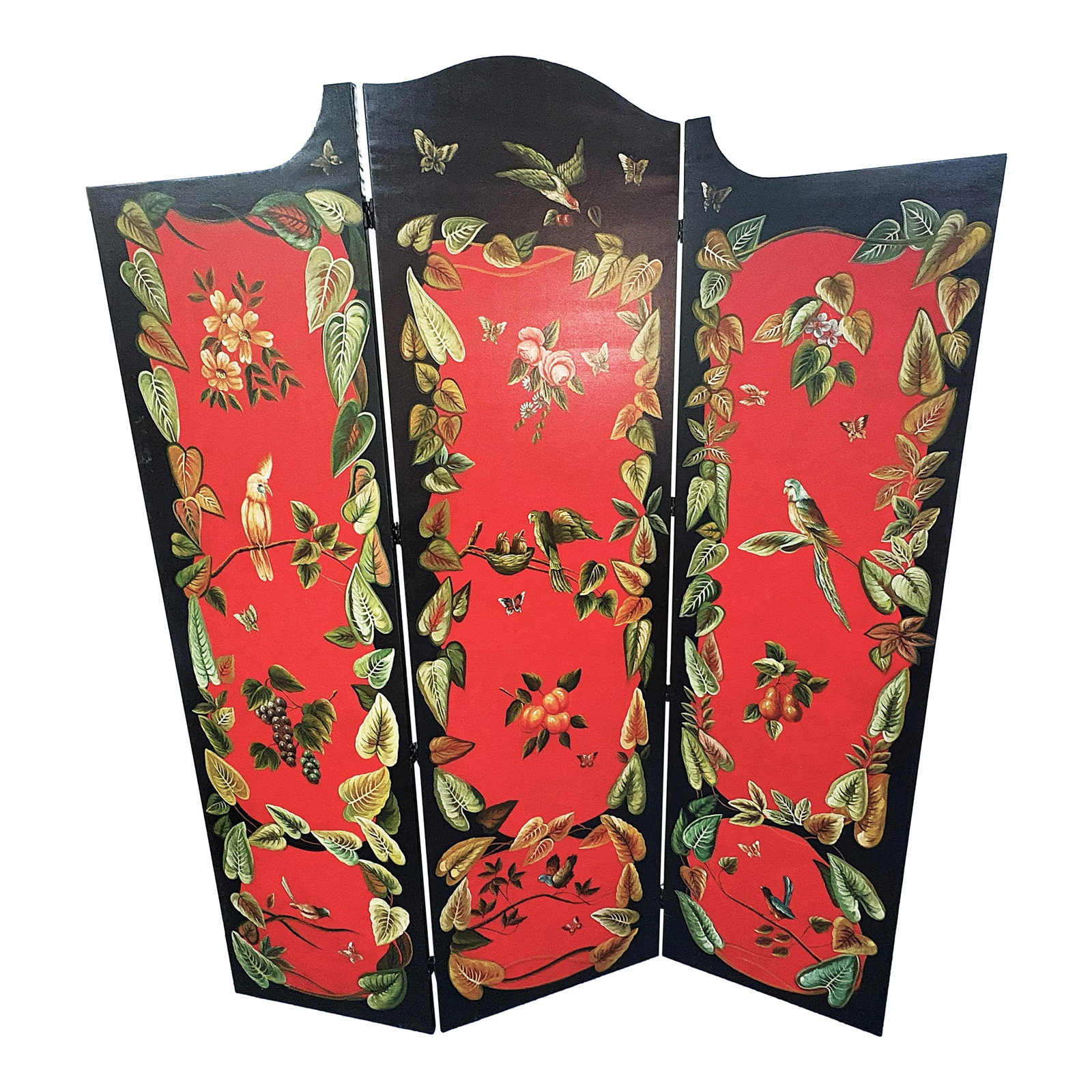 Vintage Chelsea House 3-Panel Canvas Floor Screen Hand Painted by Artist Lin Wu With Birds, Foliage: Striking hand painted three panel floor screen made by Chelsea House in the late 20th Century. The piece is made of wood wrapped with canvas with an arched top deign. It was hand painted by Chinese