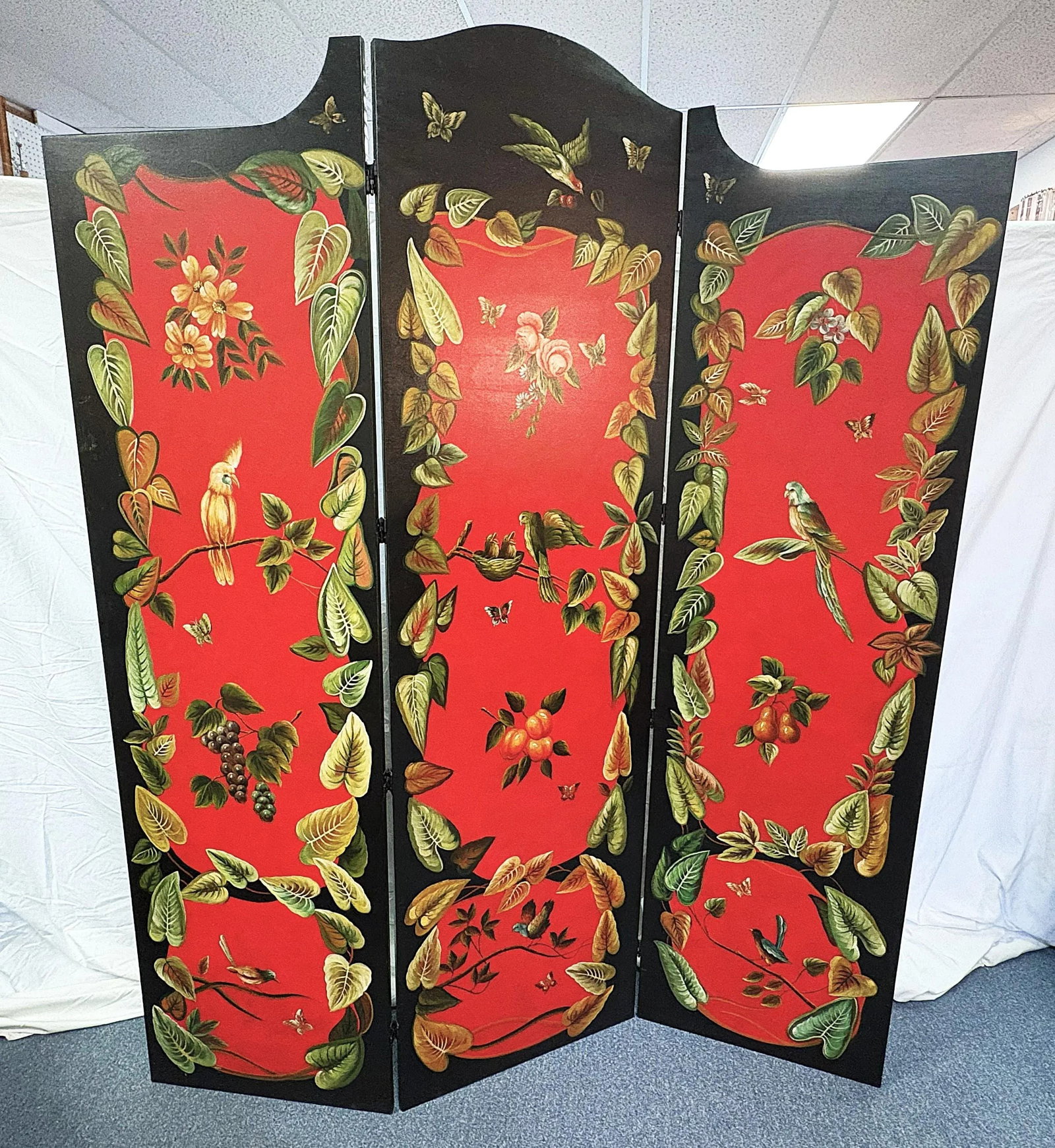 Vintage Chelsea House 3-Panel Canvas Floor Screen Hand Painted by Artist Lin Wu With Birds, Foliage - 2