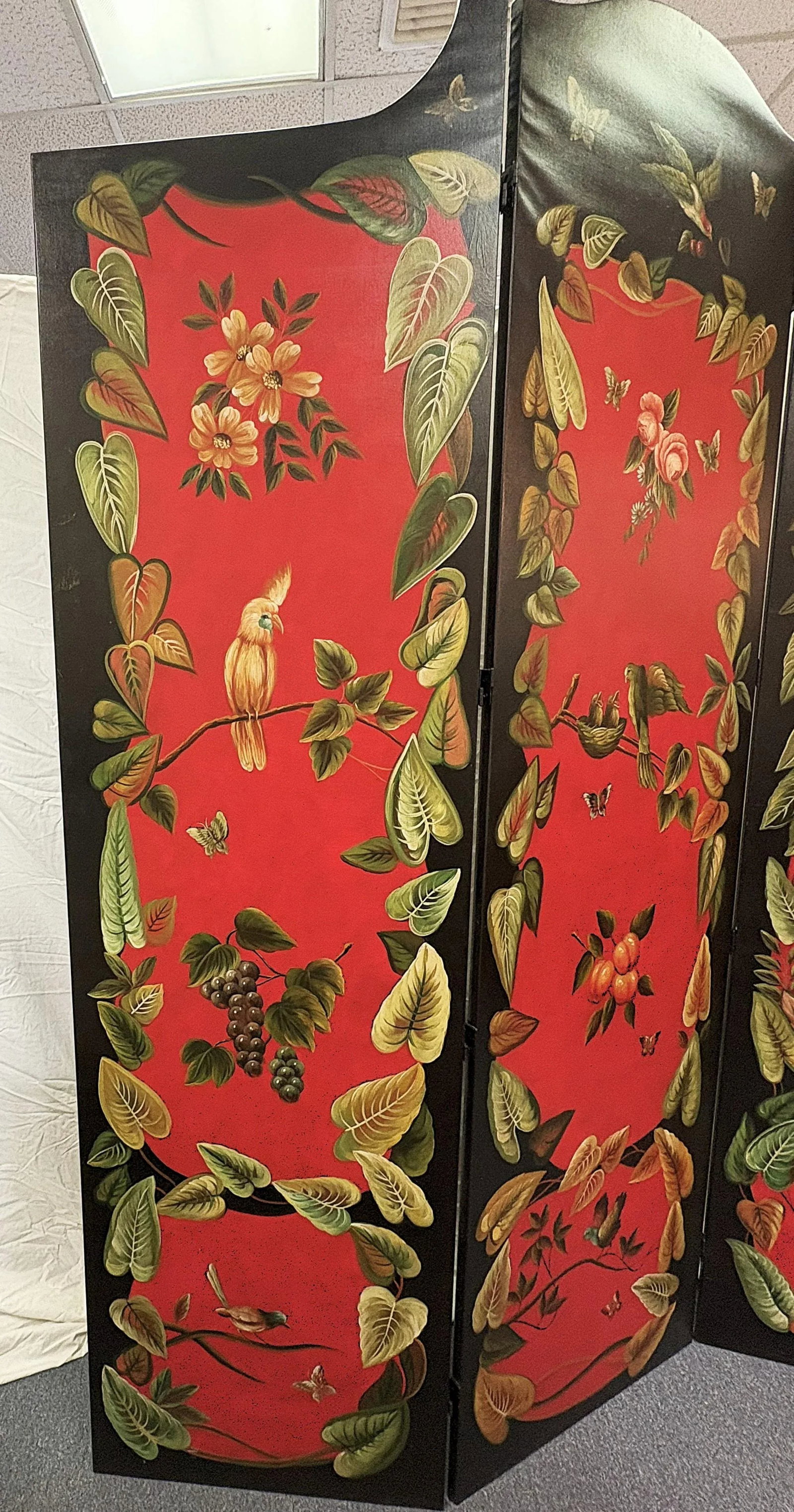Vintage Chelsea House 3-Panel Canvas Floor Screen Hand Painted by Artist Lin Wu With Birds, Foliage - 3