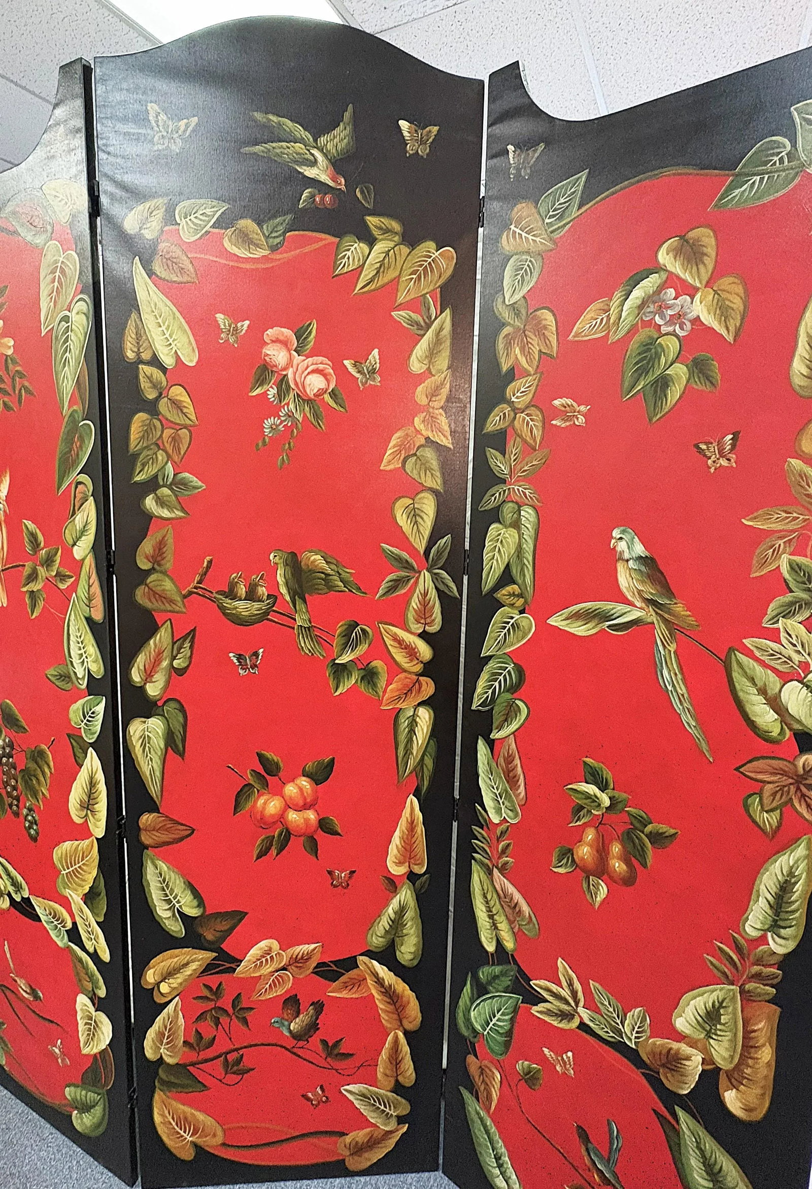 Vintage Chelsea House 3-Panel Canvas Floor Screen Hand Painted by Artist Lin Wu With Birds, Foliage - 4