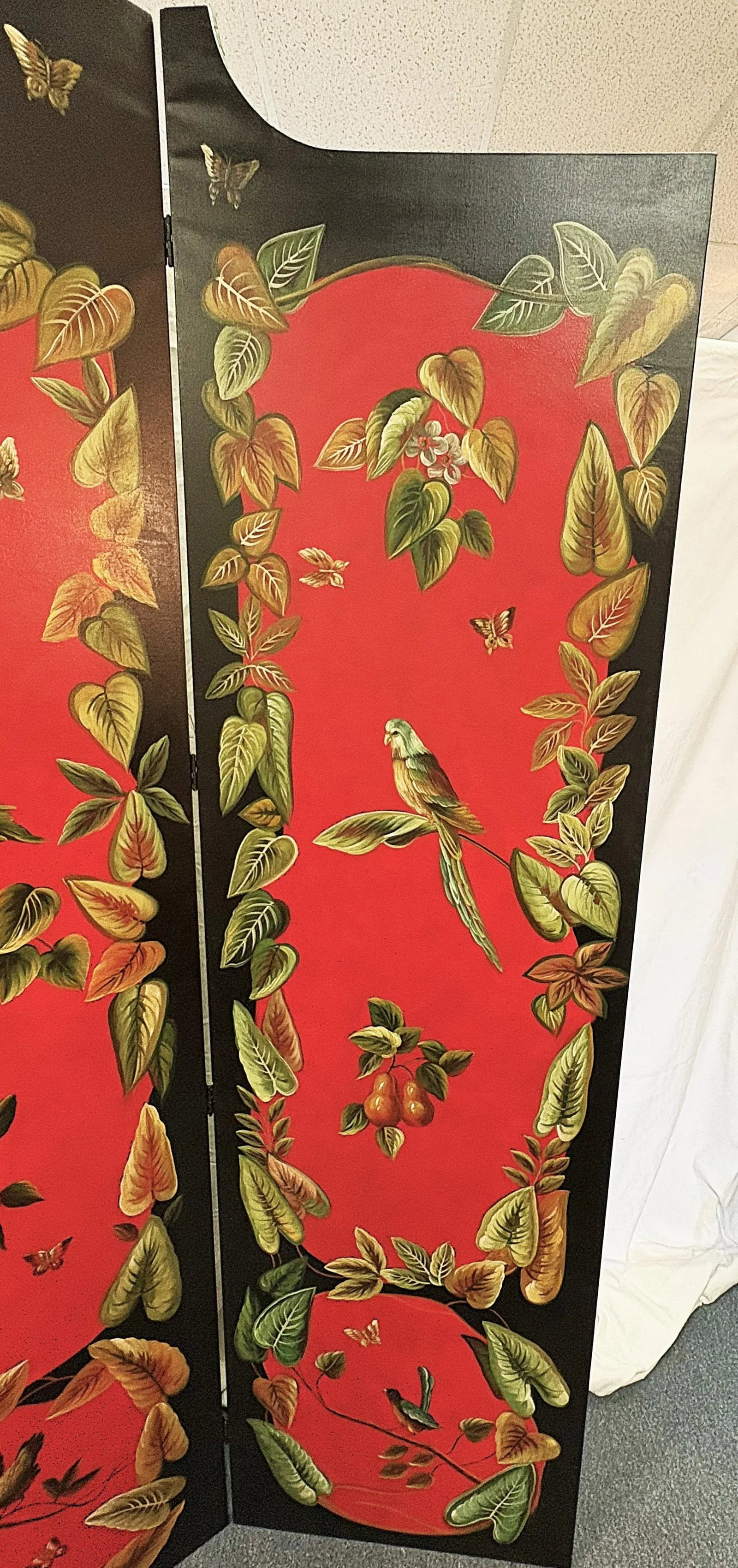 Vintage Chelsea House 3-Panel Canvas Floor Screen Hand Painted by Artist Lin Wu With Birds, Foliage - 5