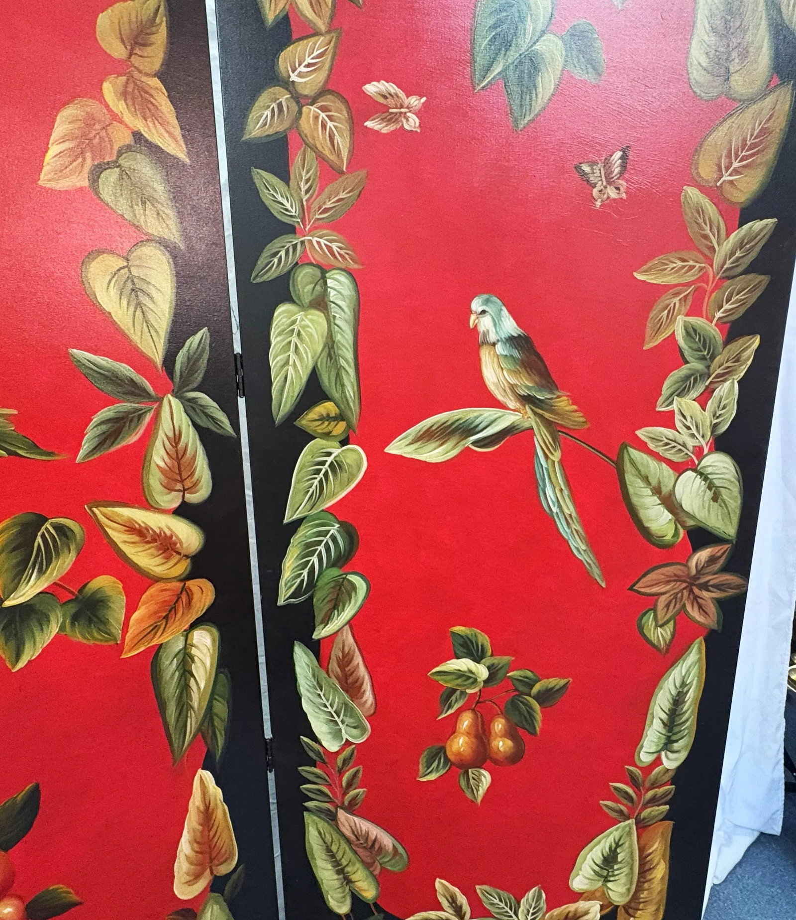 Vintage Chelsea House 3-Panel Canvas Floor Screen Hand Painted by Artist Lin Wu With Birds, Foliage - 6